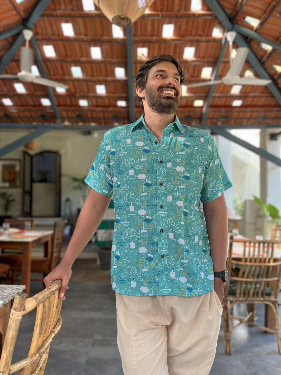 Sea green sailboats printed shirt for men