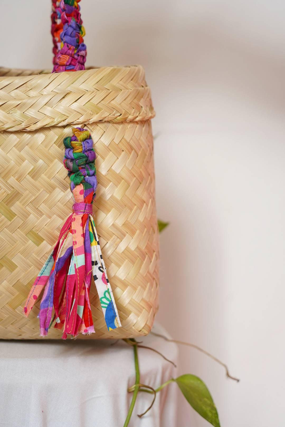 Bamboo handwoven bag with upcycled fabric tassels and macrame handles