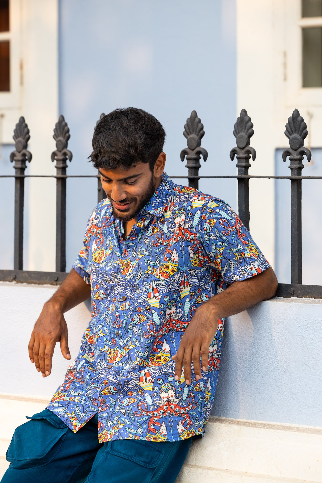 Blue cotton shirt with a sea life print