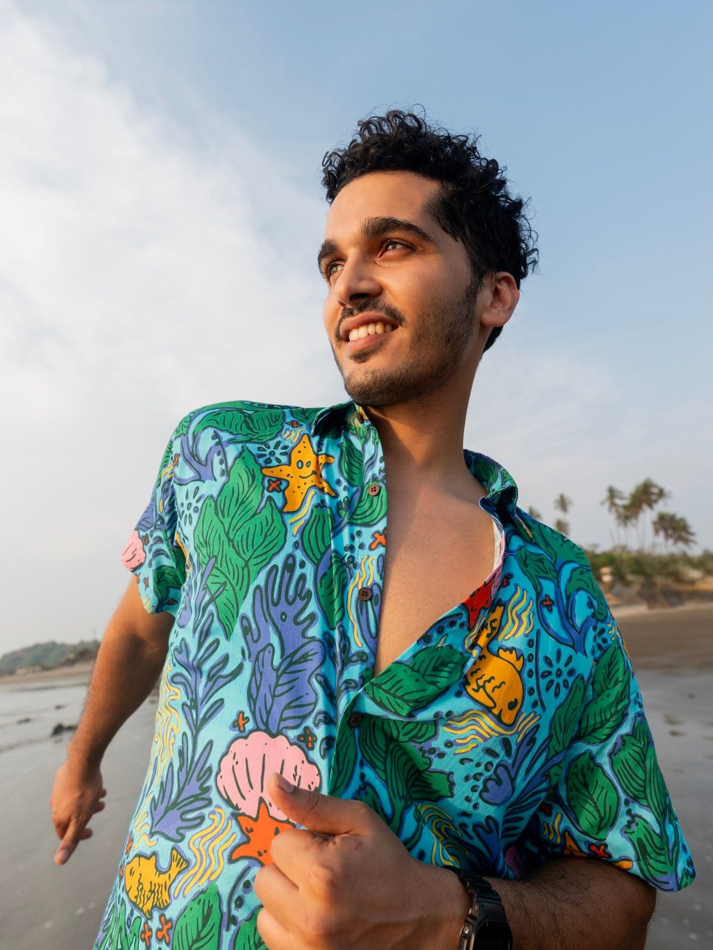 Bright Blue Fish Print Soft Cotton Shirt