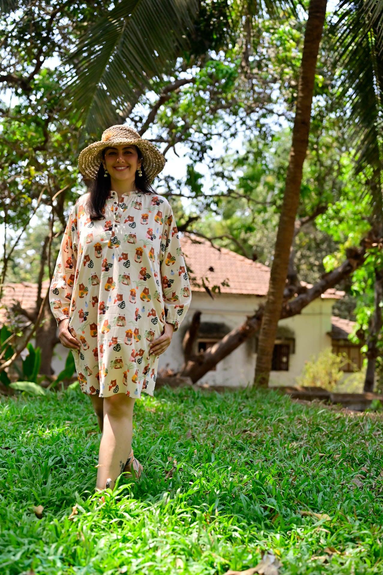 Cute bear print cotton dress with pockets