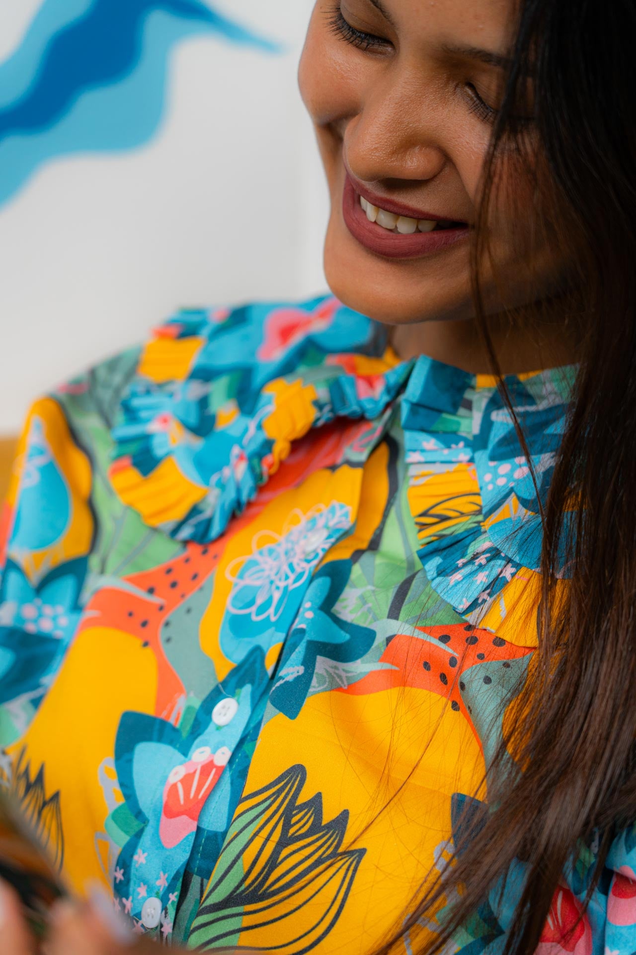Women's yellow and blue cotton shirt