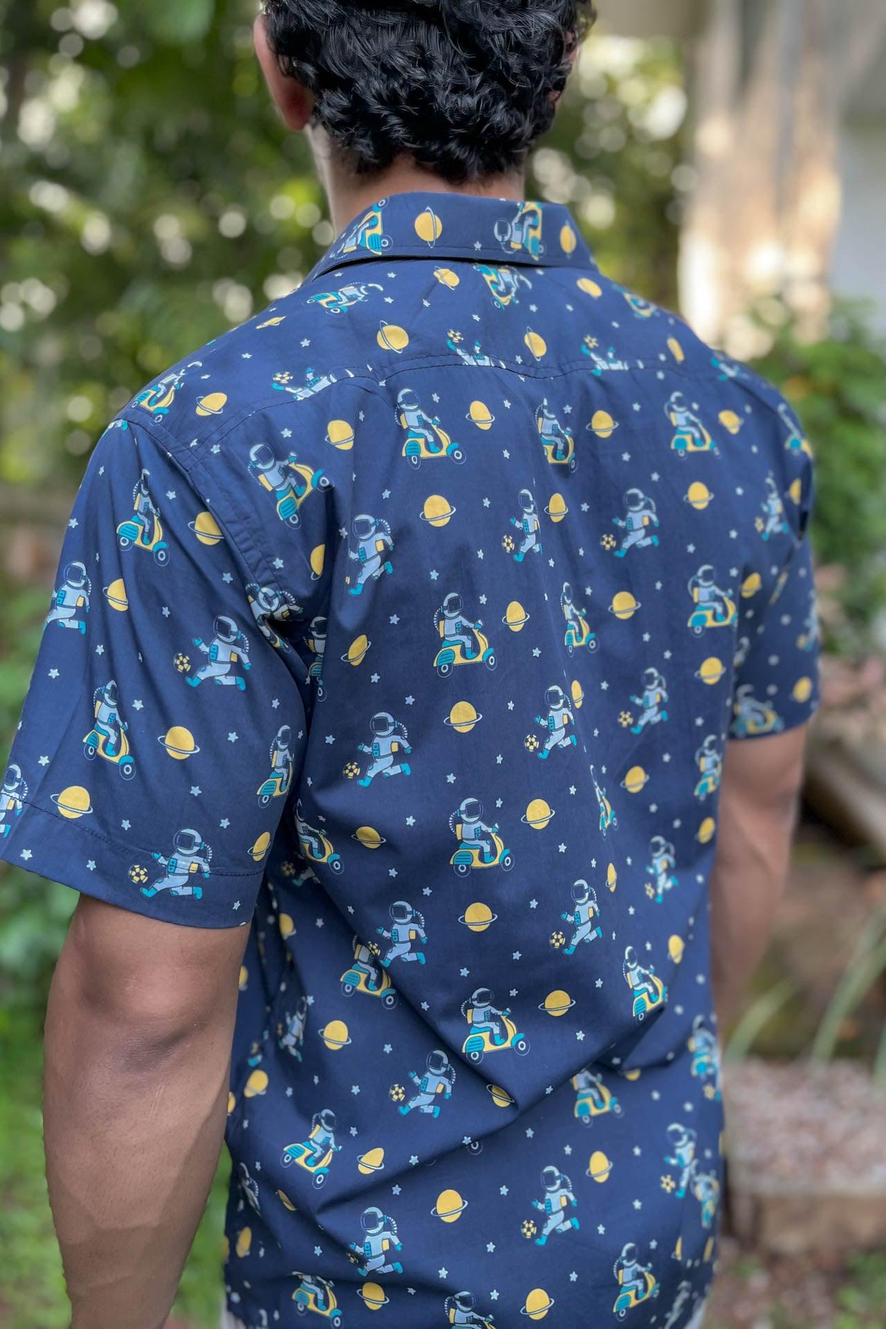 Dark Blue Half Sleeve Quirky Astronaut Print Casual Shirt from Goa