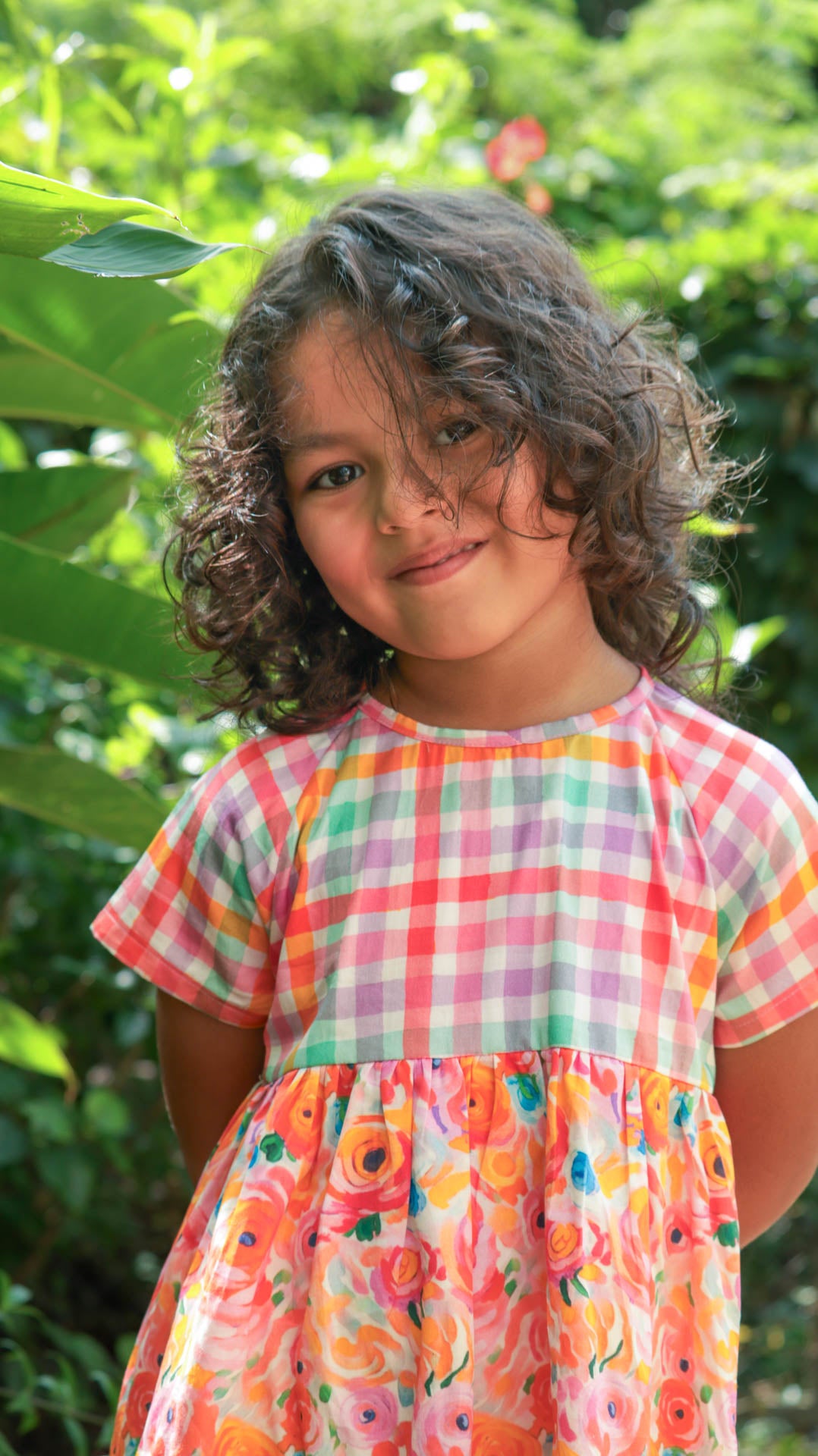 Checks and roses summery print cotton frock for girls