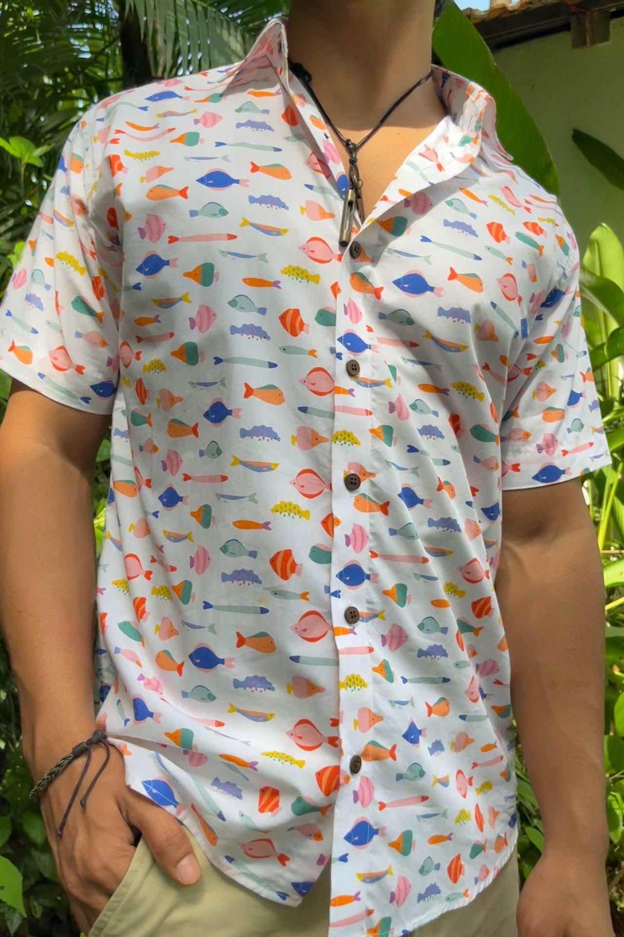 Half sleeve fish print White cotton shirt for men | Siesta o'Clock 40/M