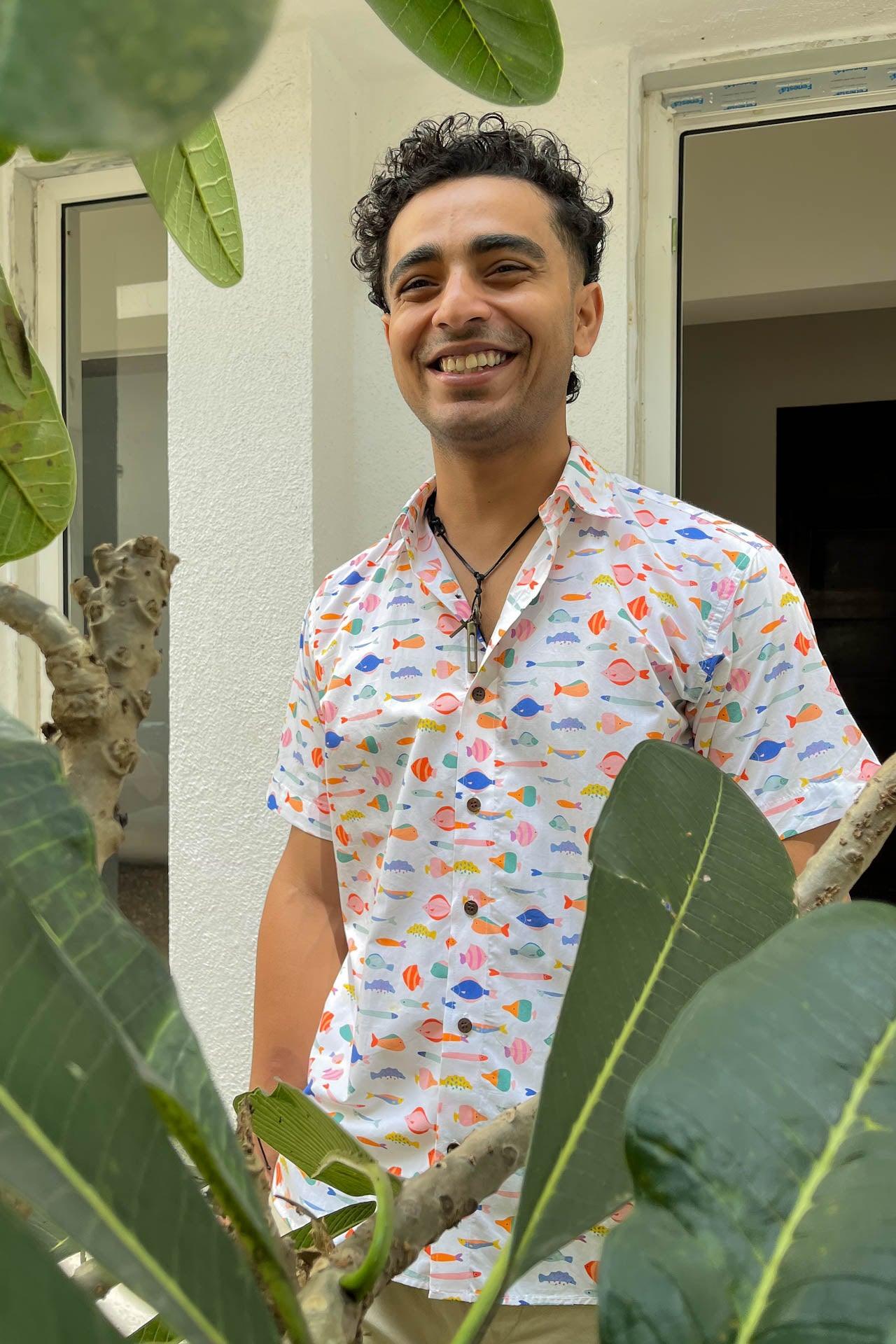 Goa vacay style summery white fish print cotton shirt
