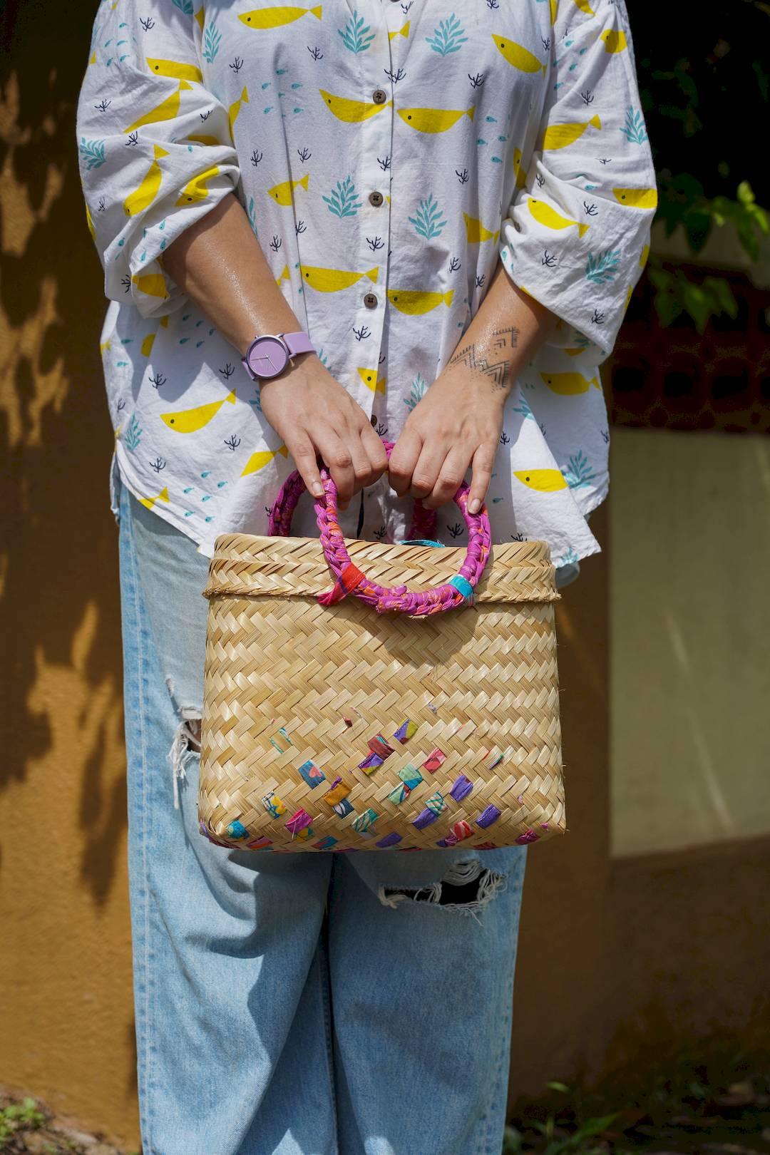 Handmade bag made from woven bamboo and upcycled fabric online at Siesta o'Clock