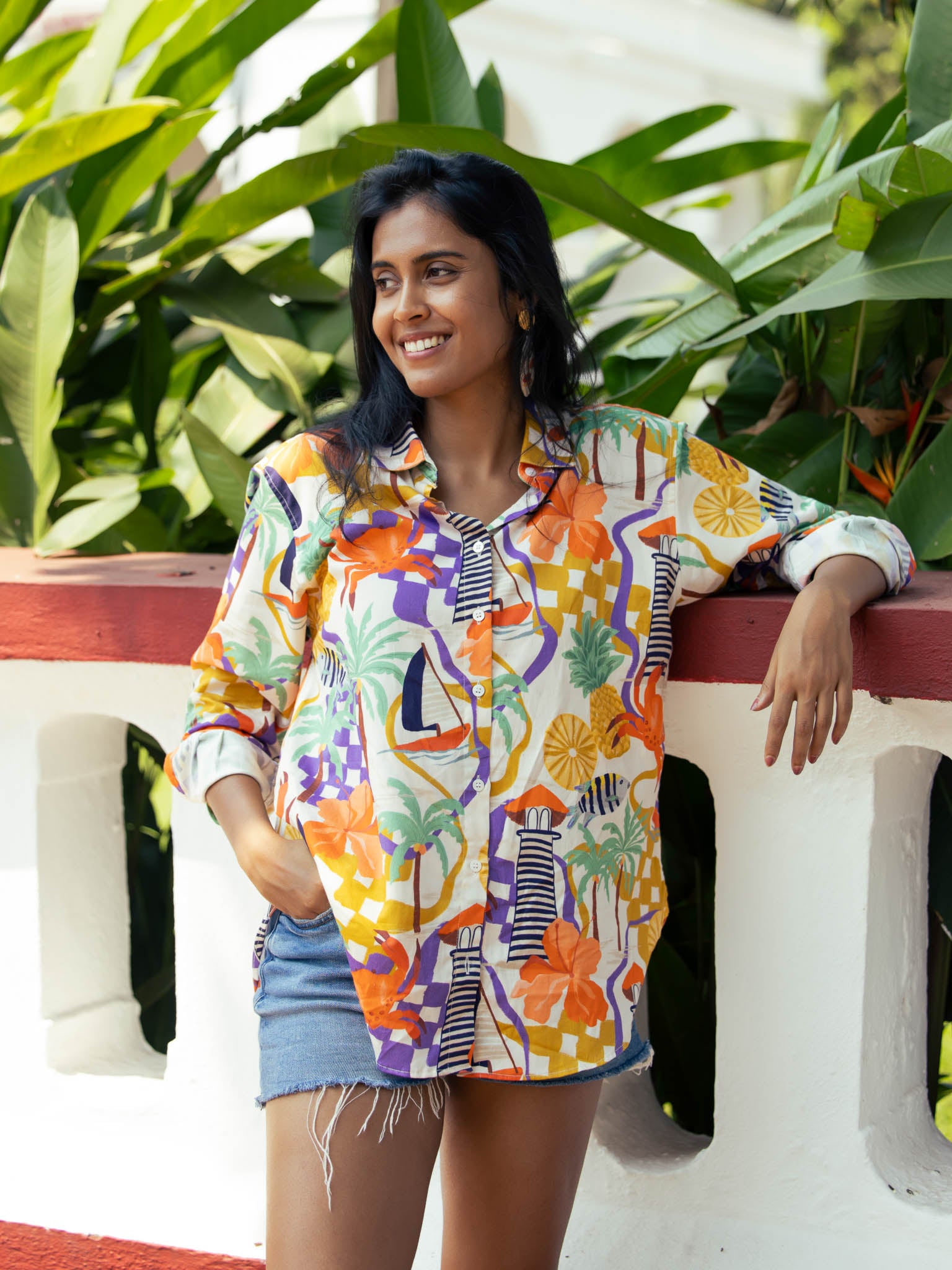 Lighthouse print tropical resortwear shirt
