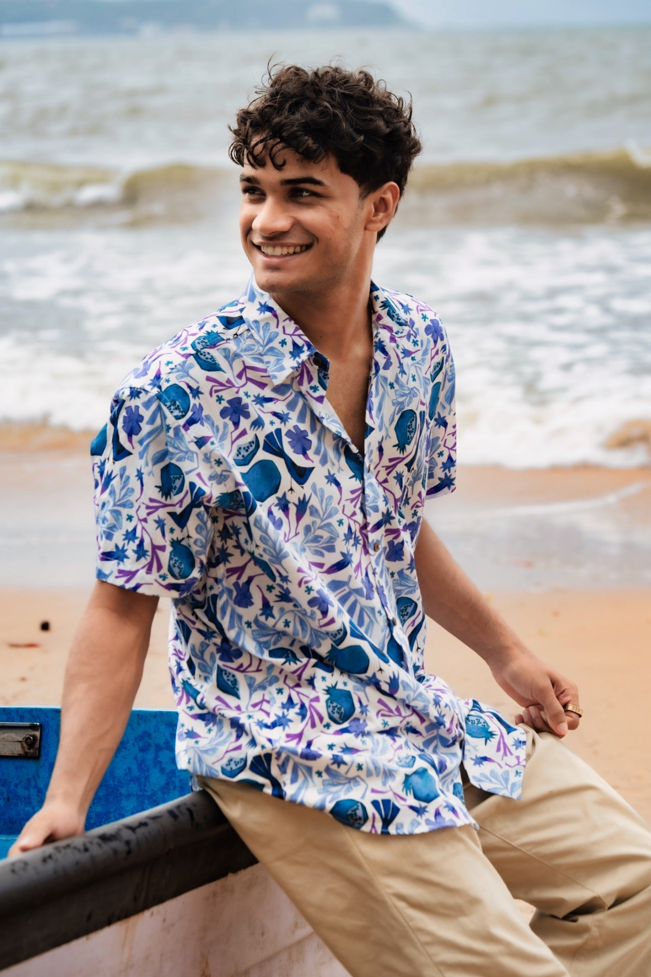 Men's Blue on White Organic Cotton Half Sleeves Shirt