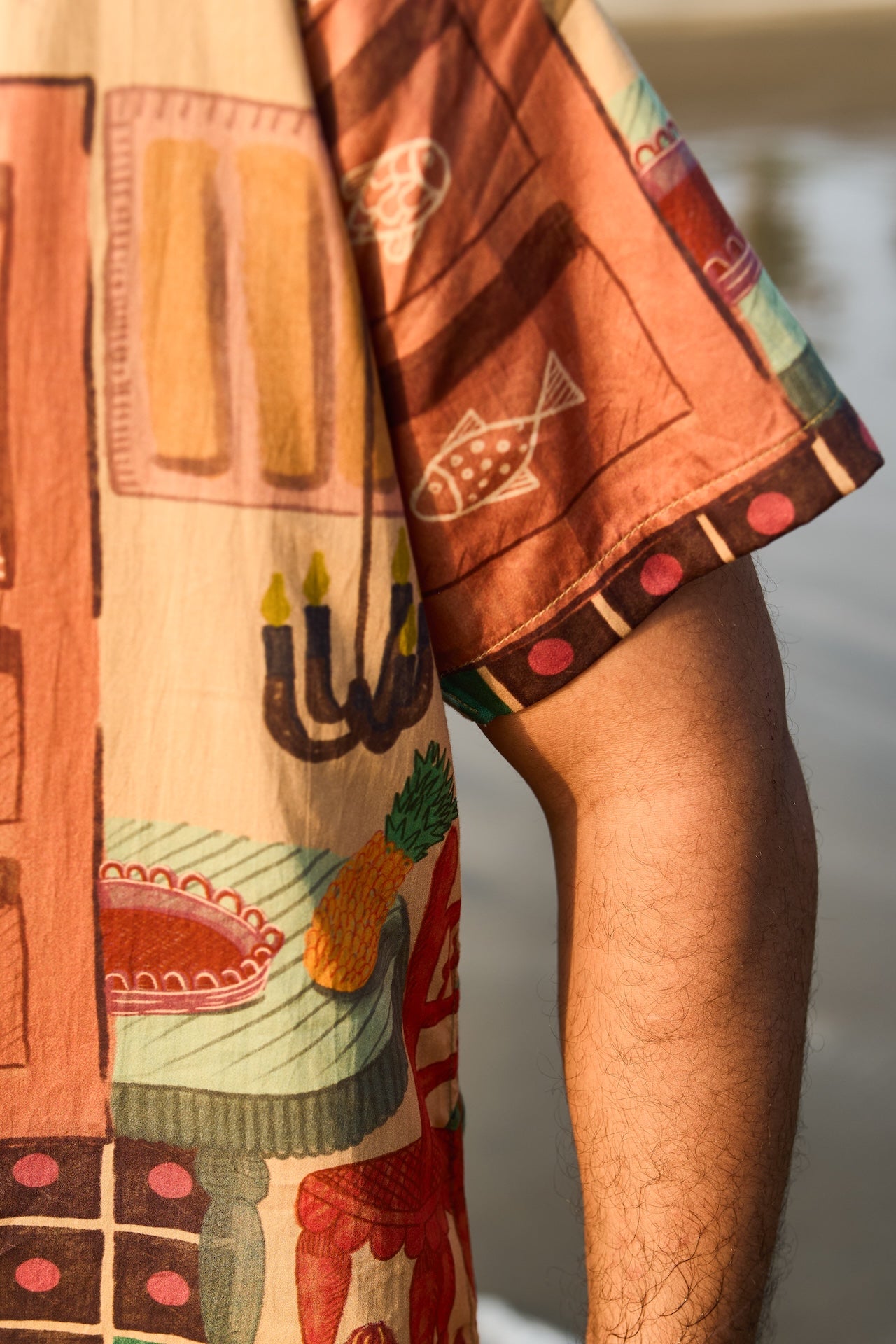 Terracotta organic cotton shirt with a Goan Balcao or Verandah motif