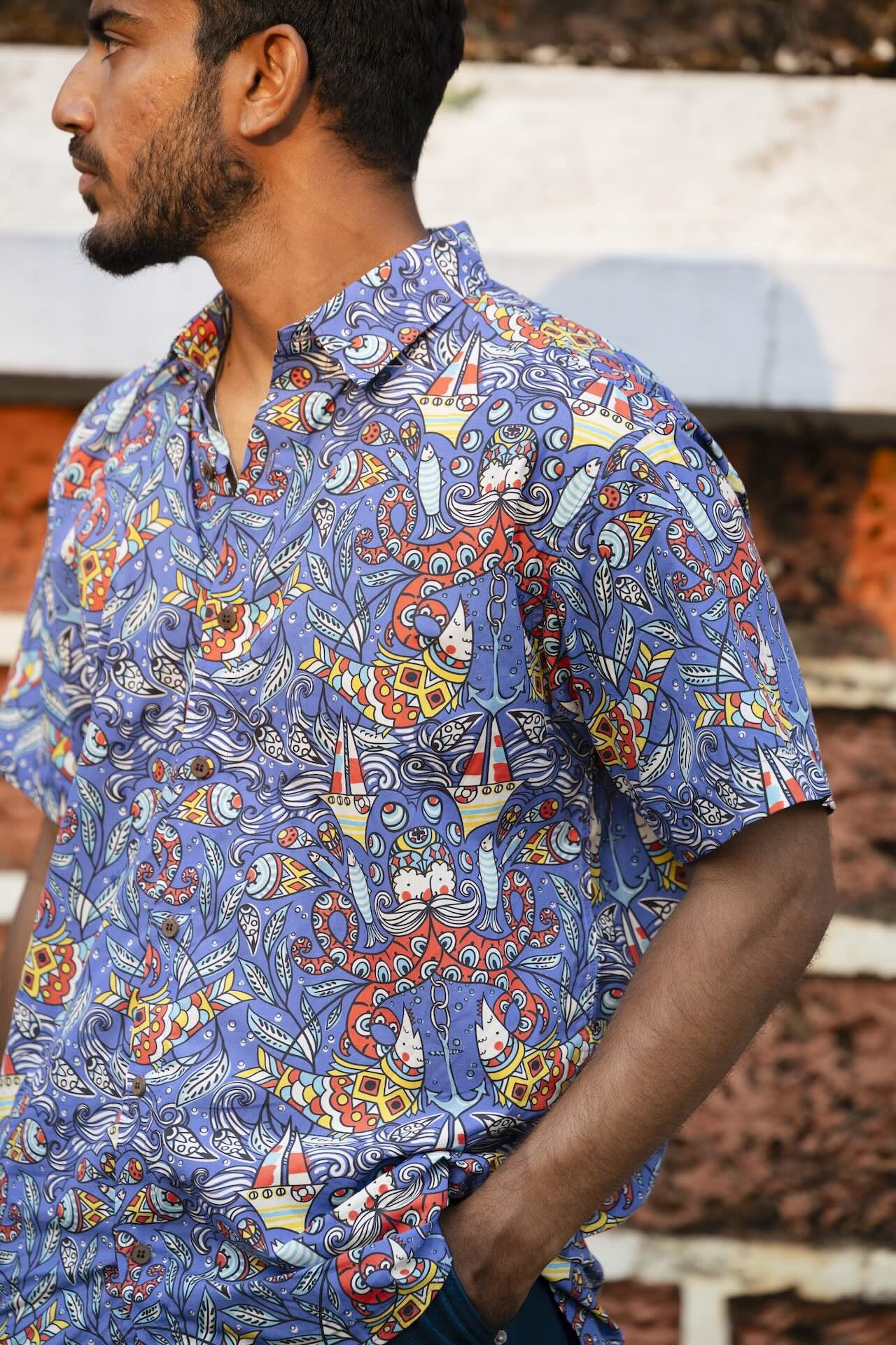 Men's blue cotton casual fish print shirt online