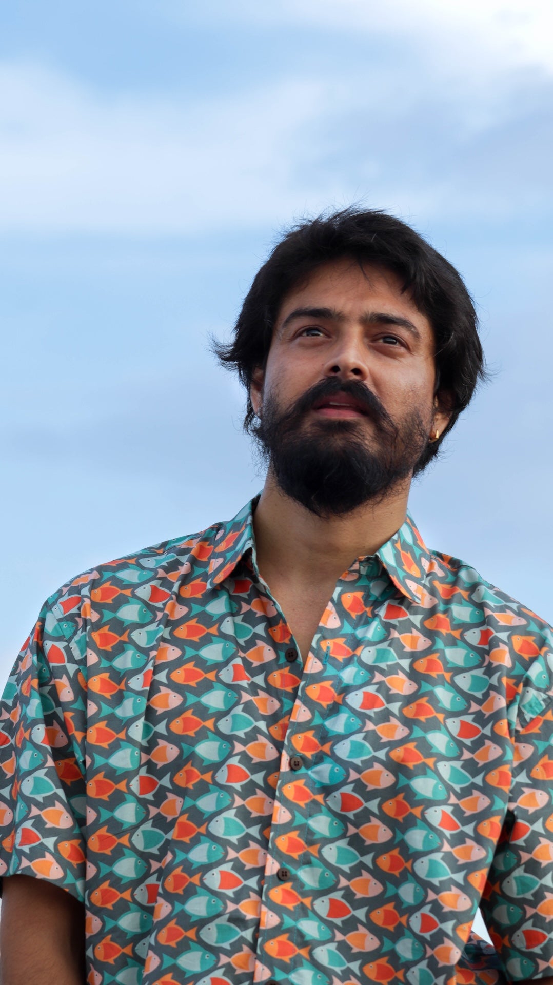 Men's half sleeve printed soft cotton shirt with a fish print