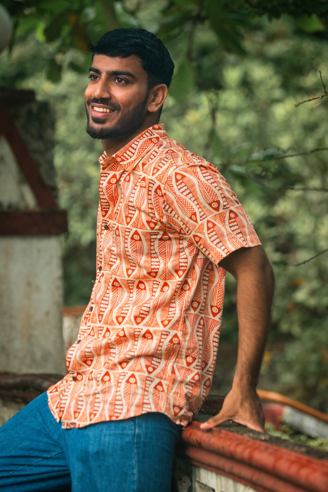 Men's red & white cotton shirt with marine life print