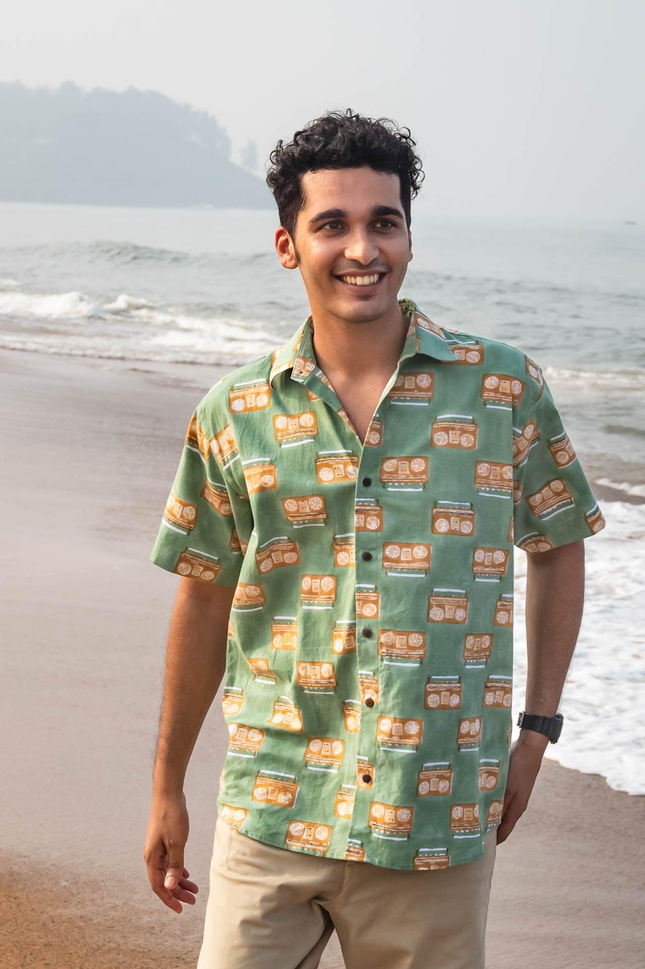 Men's retro hand block print half sleeve cotton shirt (Greatest Hits Boombox)