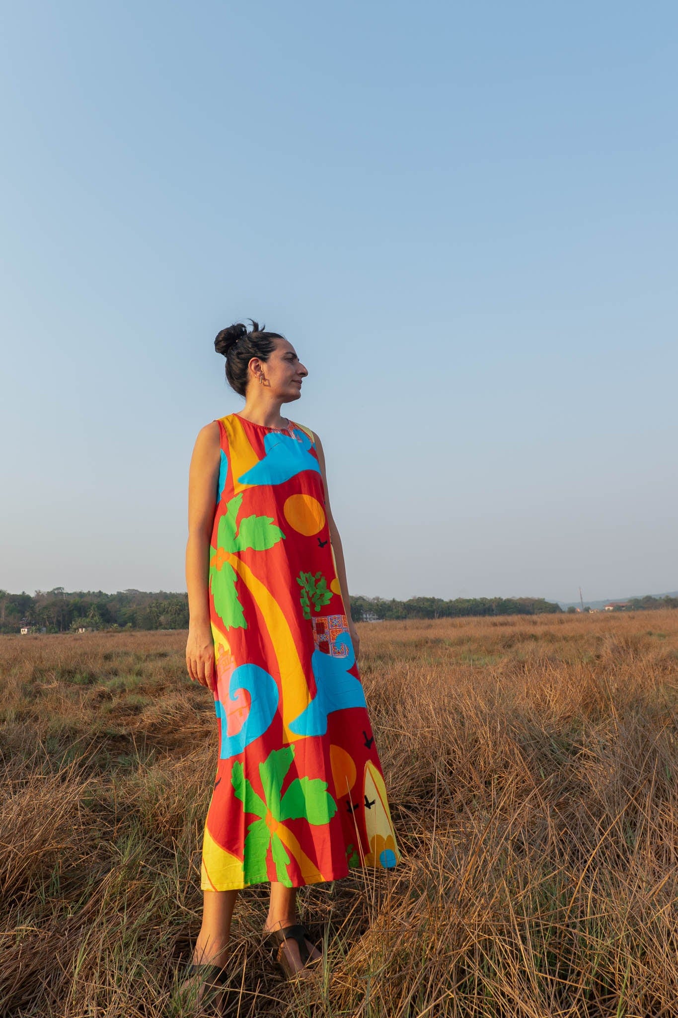 Organic cotton maxi dress with a special Goa surfing print by Siesta o'Clock
