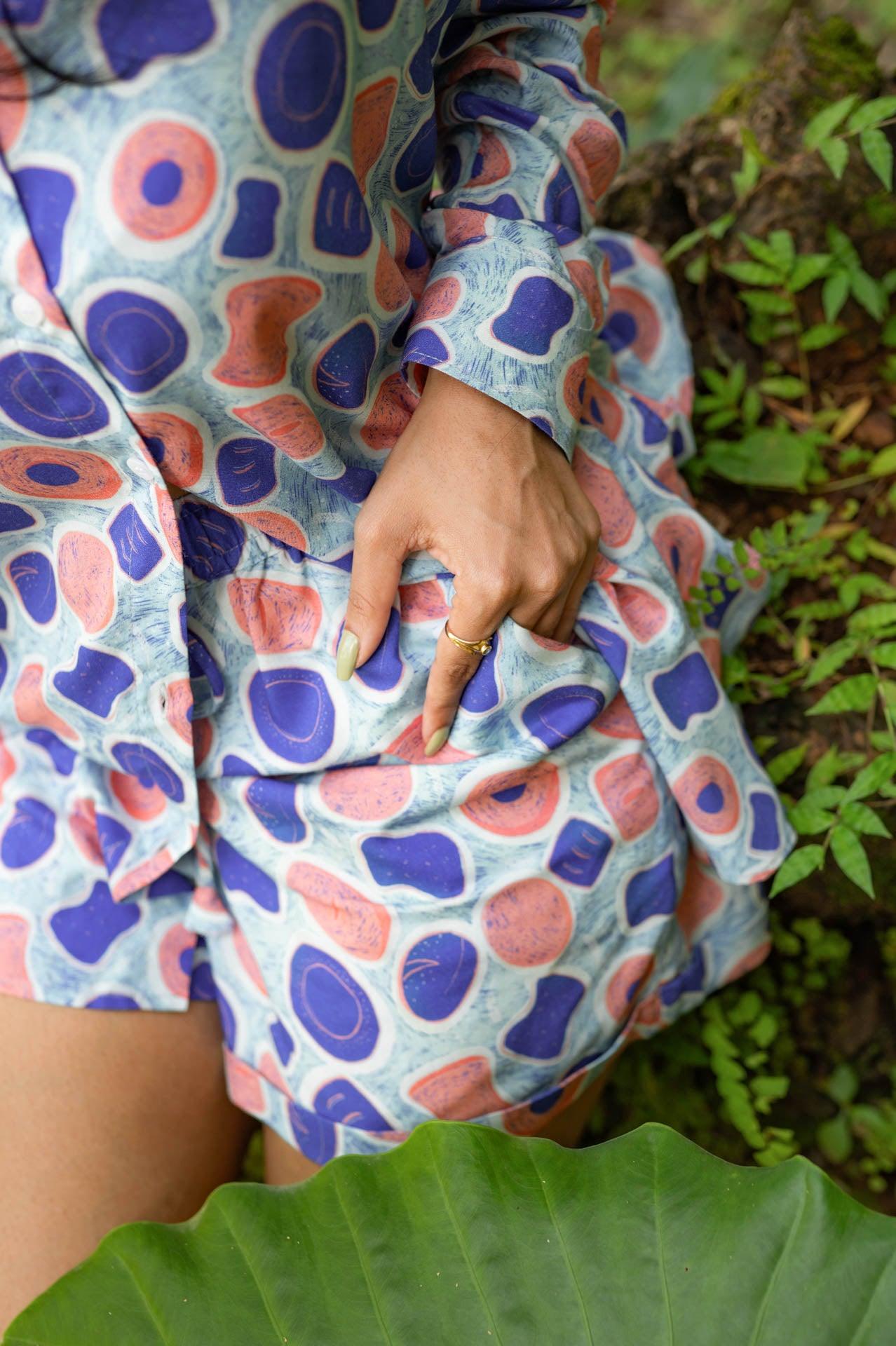 Pink and Blue poie bread print women's soft beach shorts