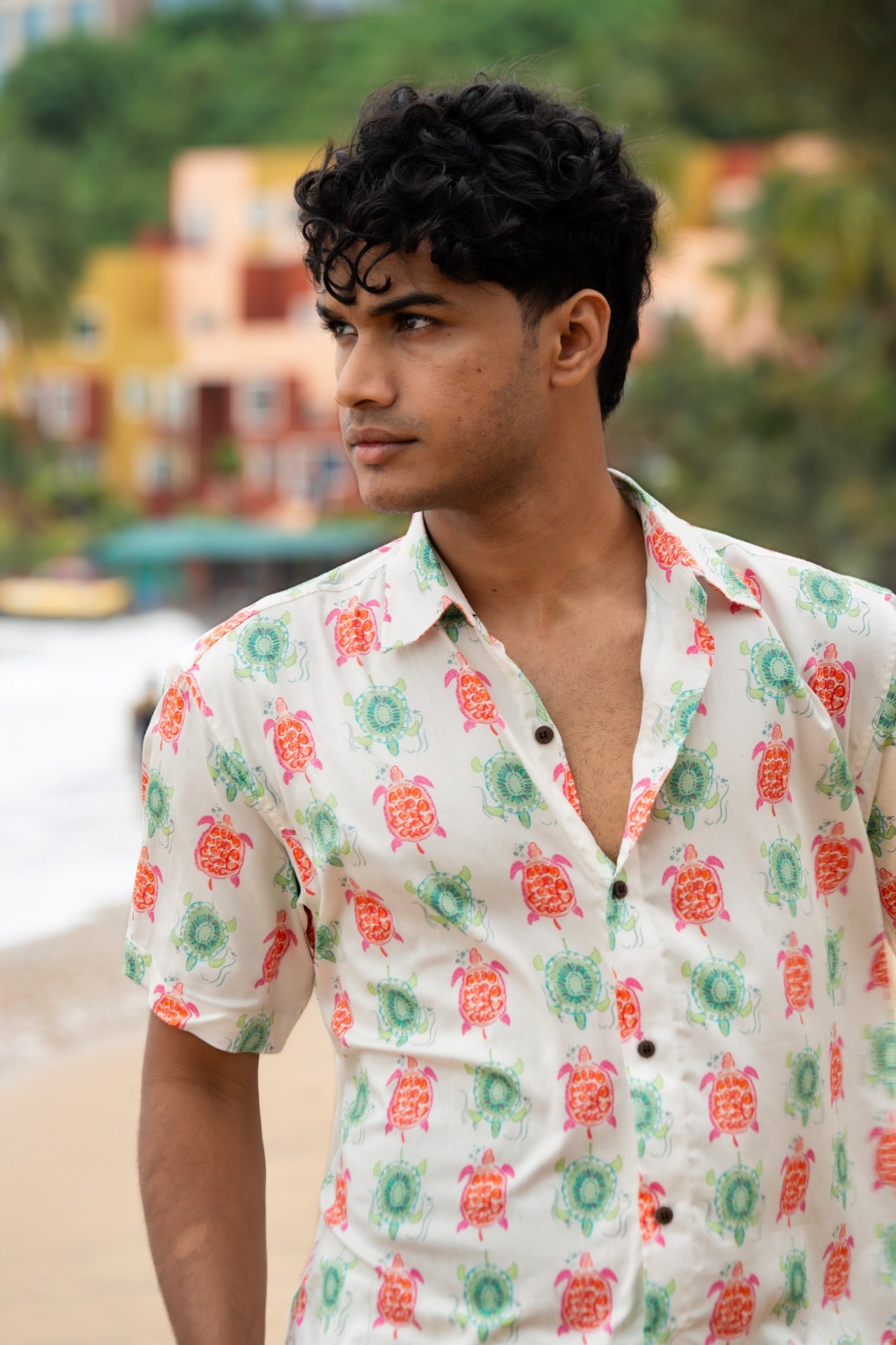 Pink and green turtles print shirt for men