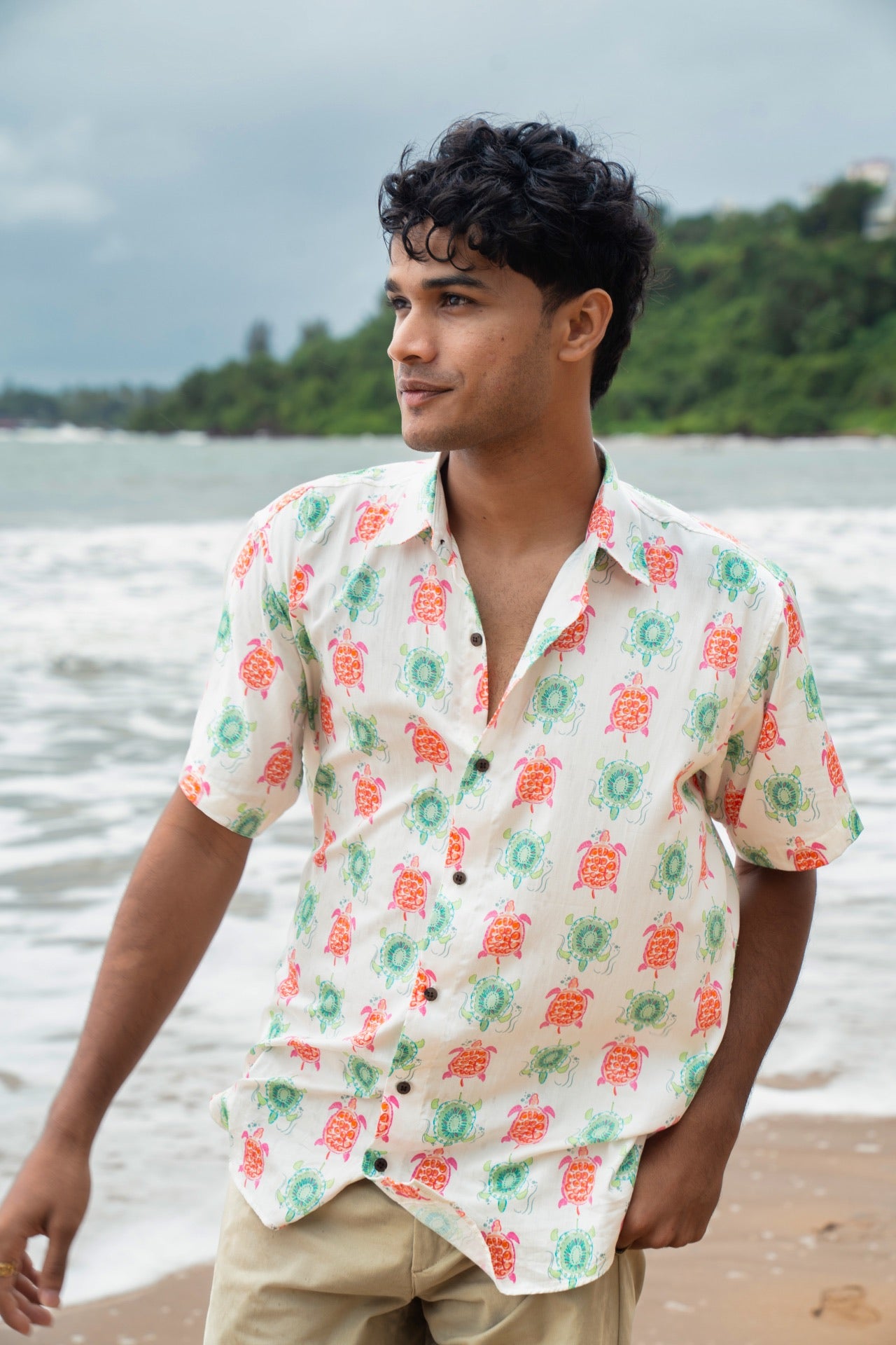 Pomegranate and kiwi print cotton shirt by Siesta o'Clock Goa