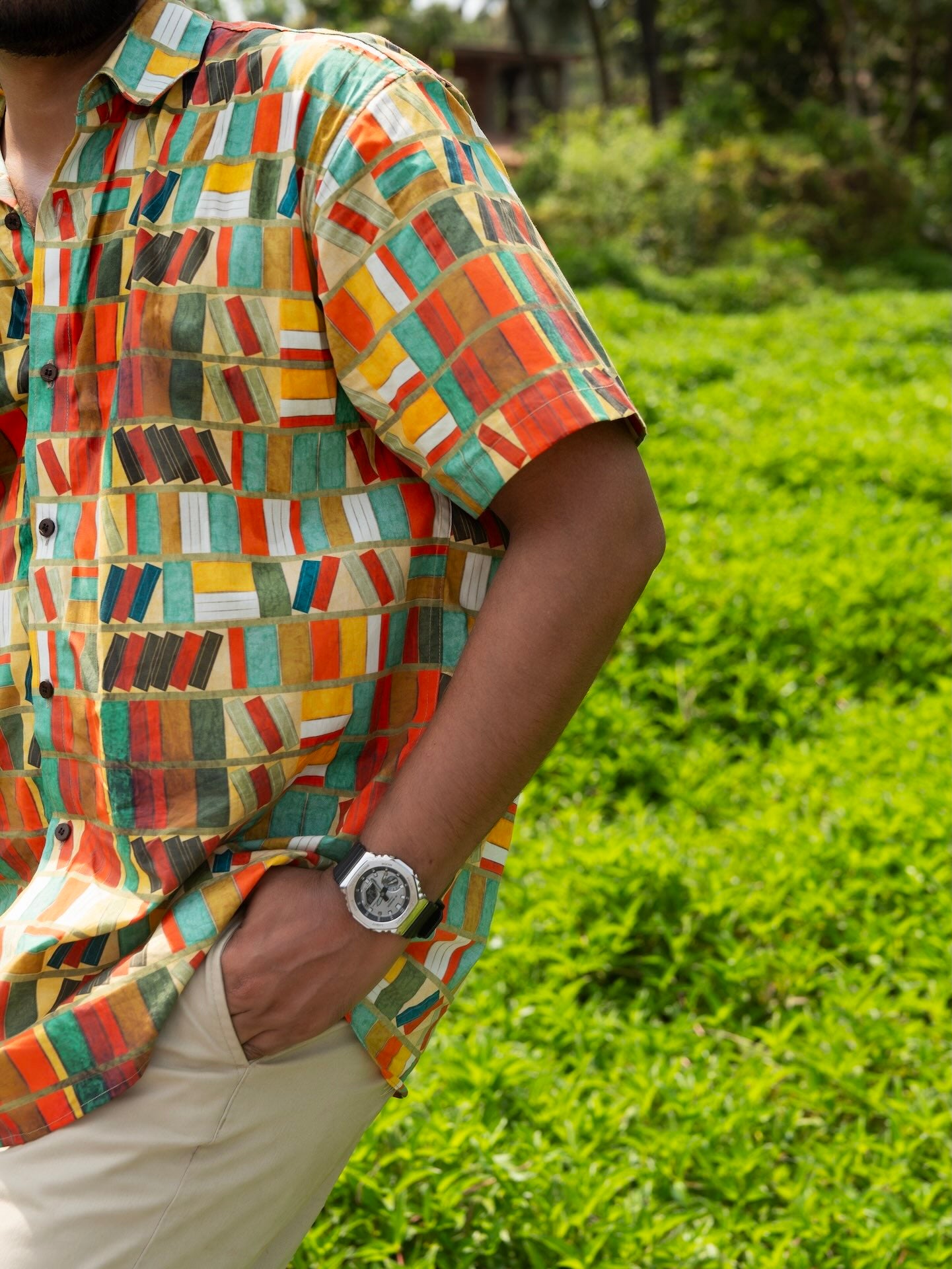 Bookshelf print cotton shirt for men