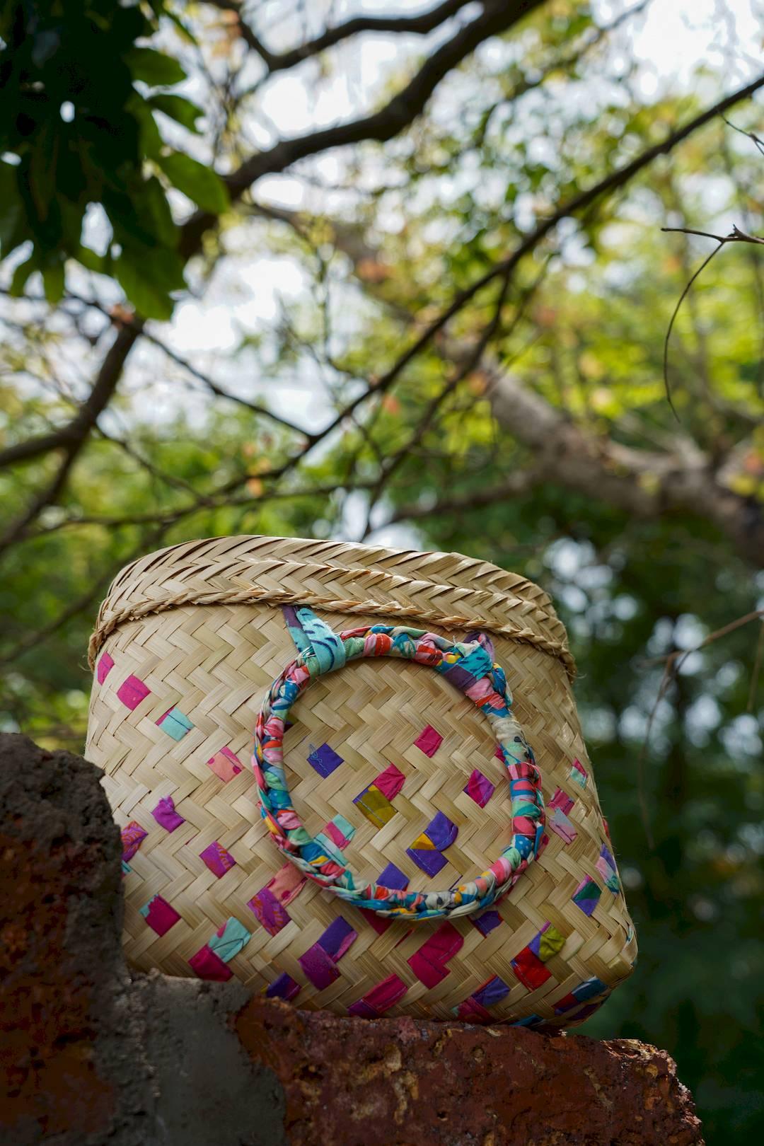 Quirky, colourful handwoven Vagator resort bag made of natural bamboo