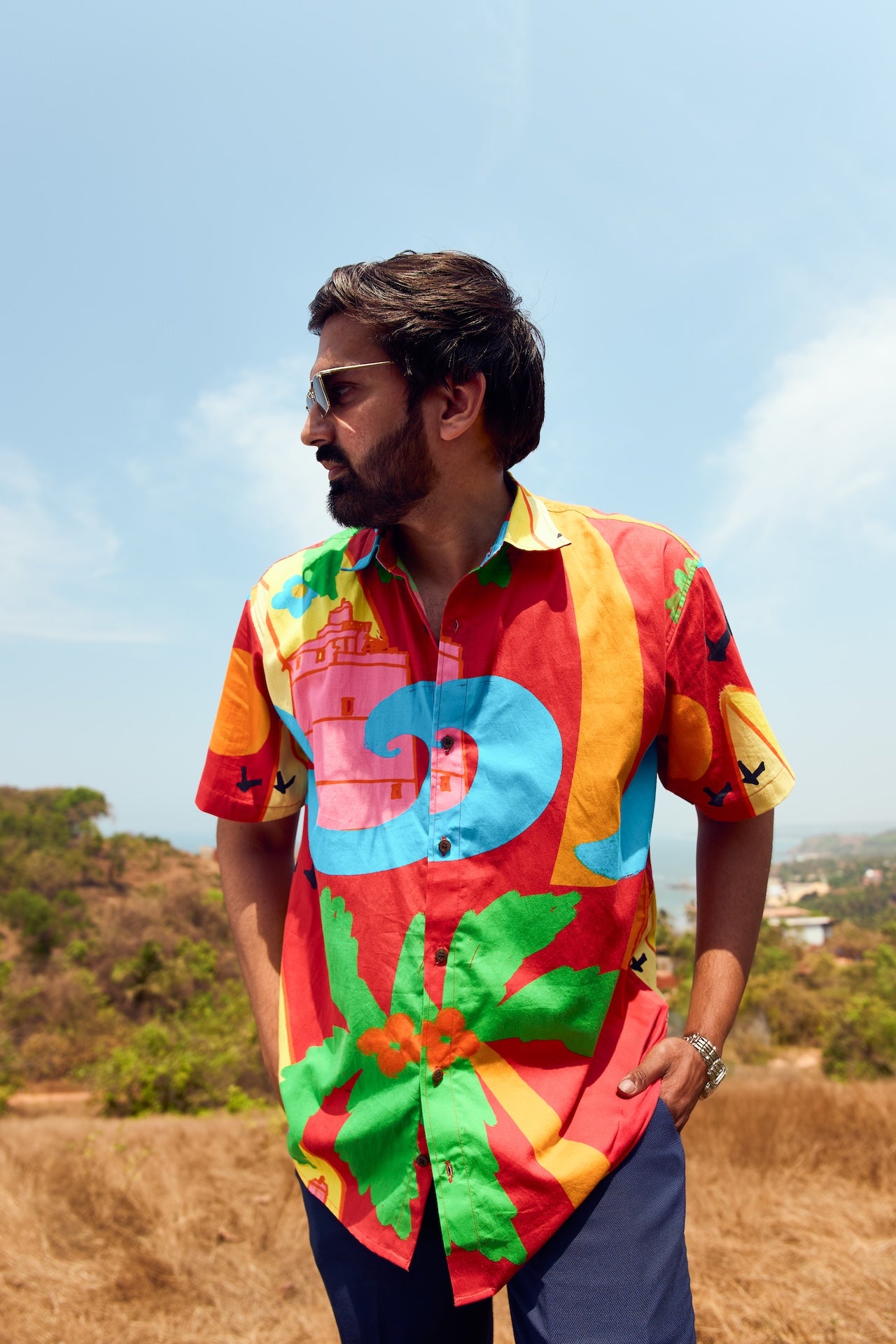 Red Soft Organic Cotton Half Sleeves Printed Shirt from Goa