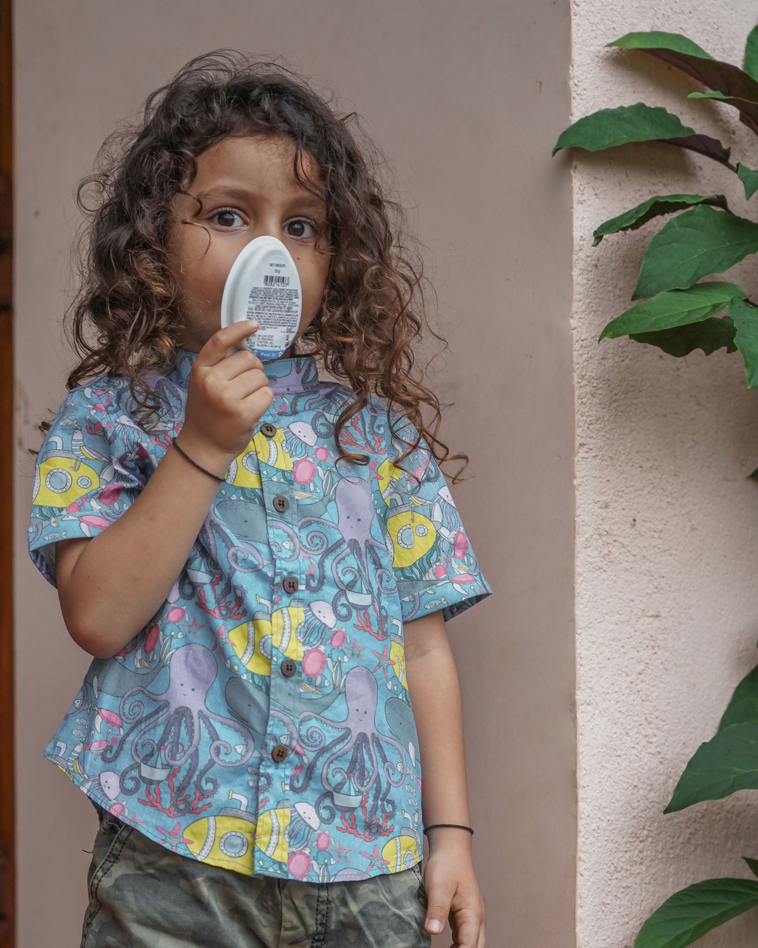 Sea creatures print pale blue cotton shirt for kids