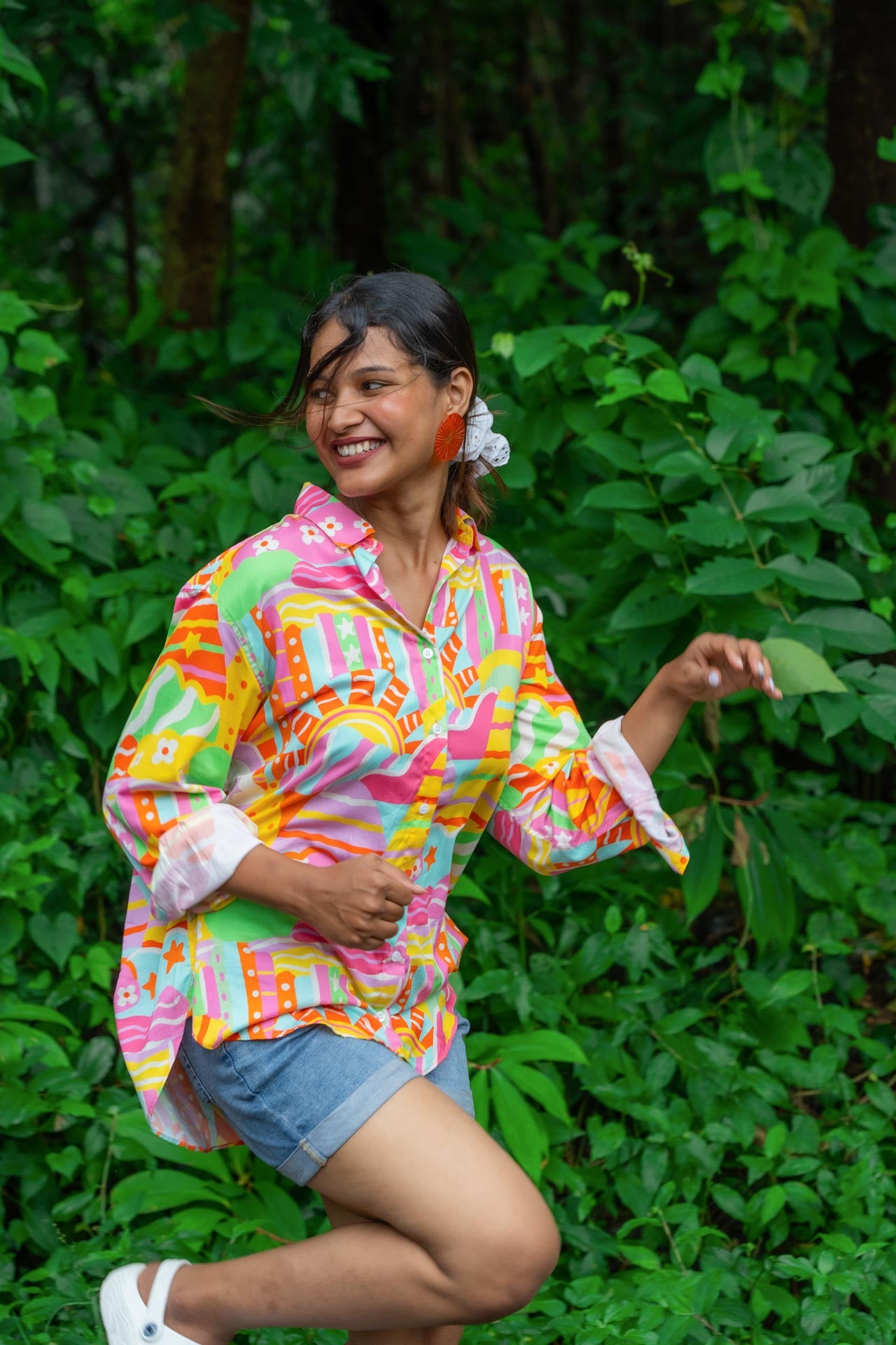 Women's soft cotton print pink and yellow shirt 