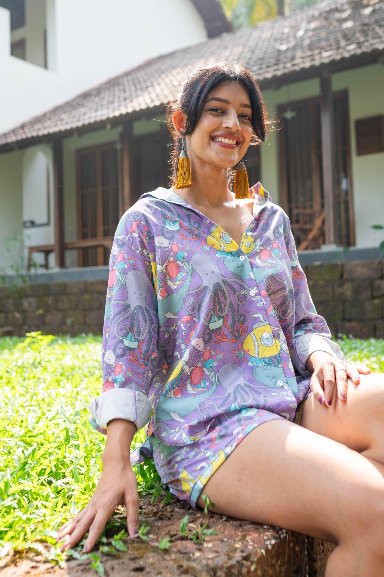 Trippy printed lavender oversized shirt for women