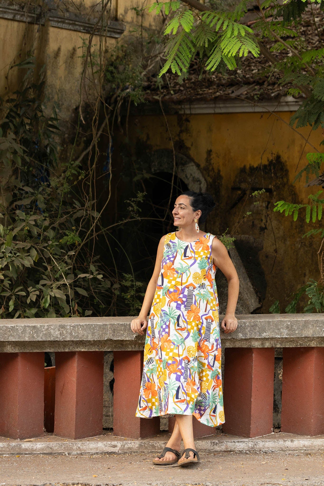 Tropical theme white long dress in 100% Cotton