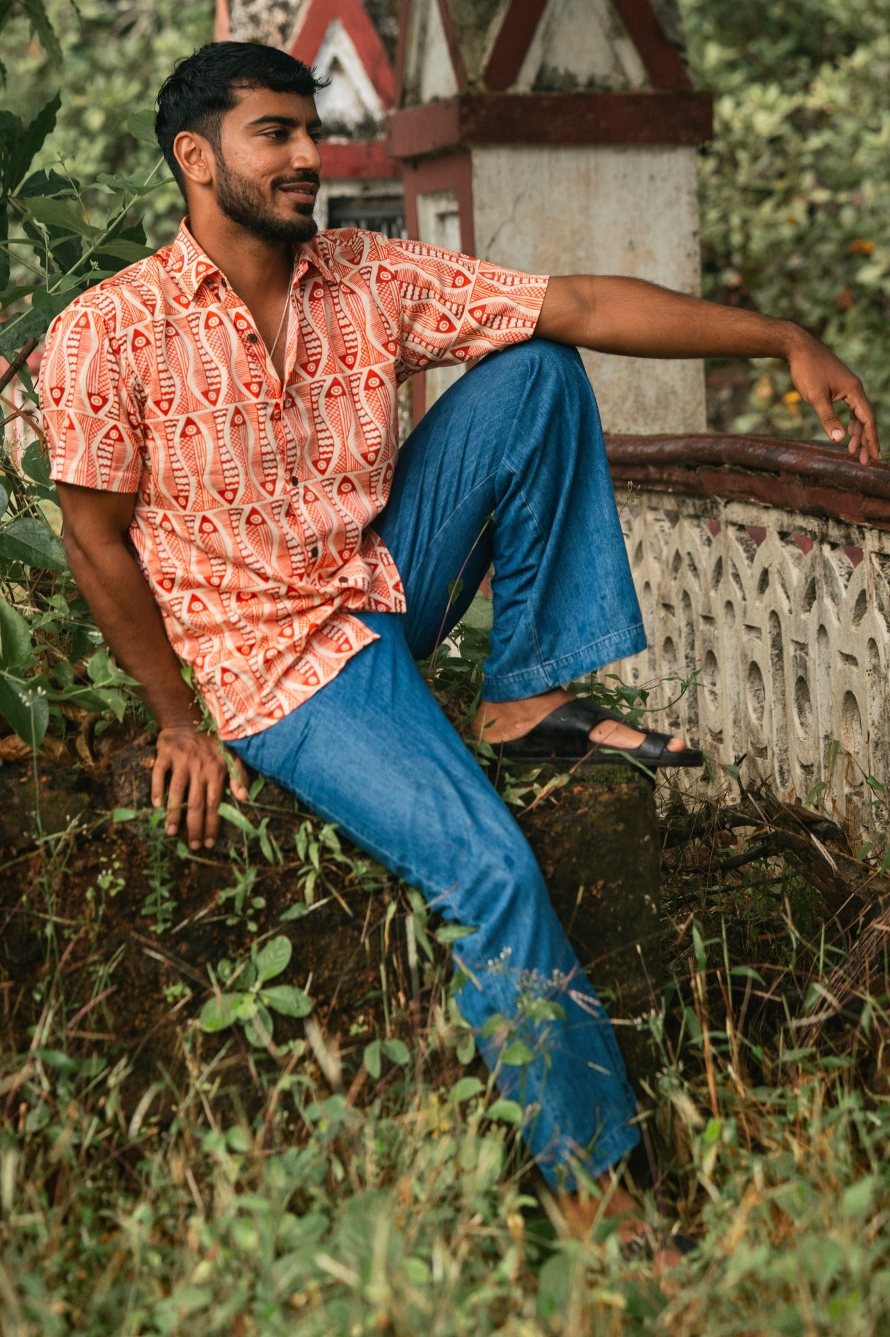 White & Red fish print cotton shirt for men