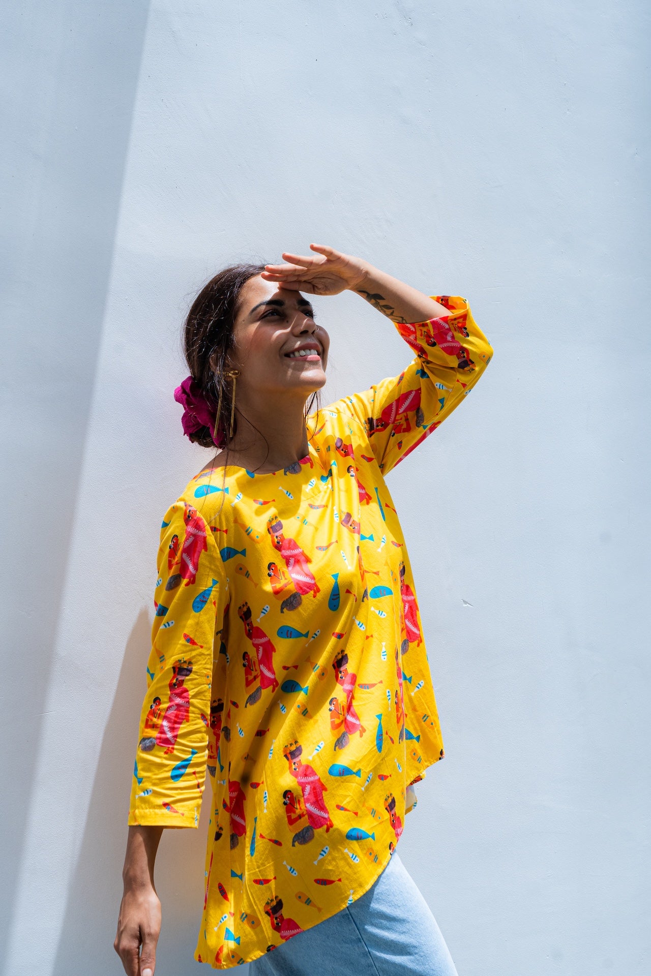 Women's cotton tunic with Goan traditional village market print