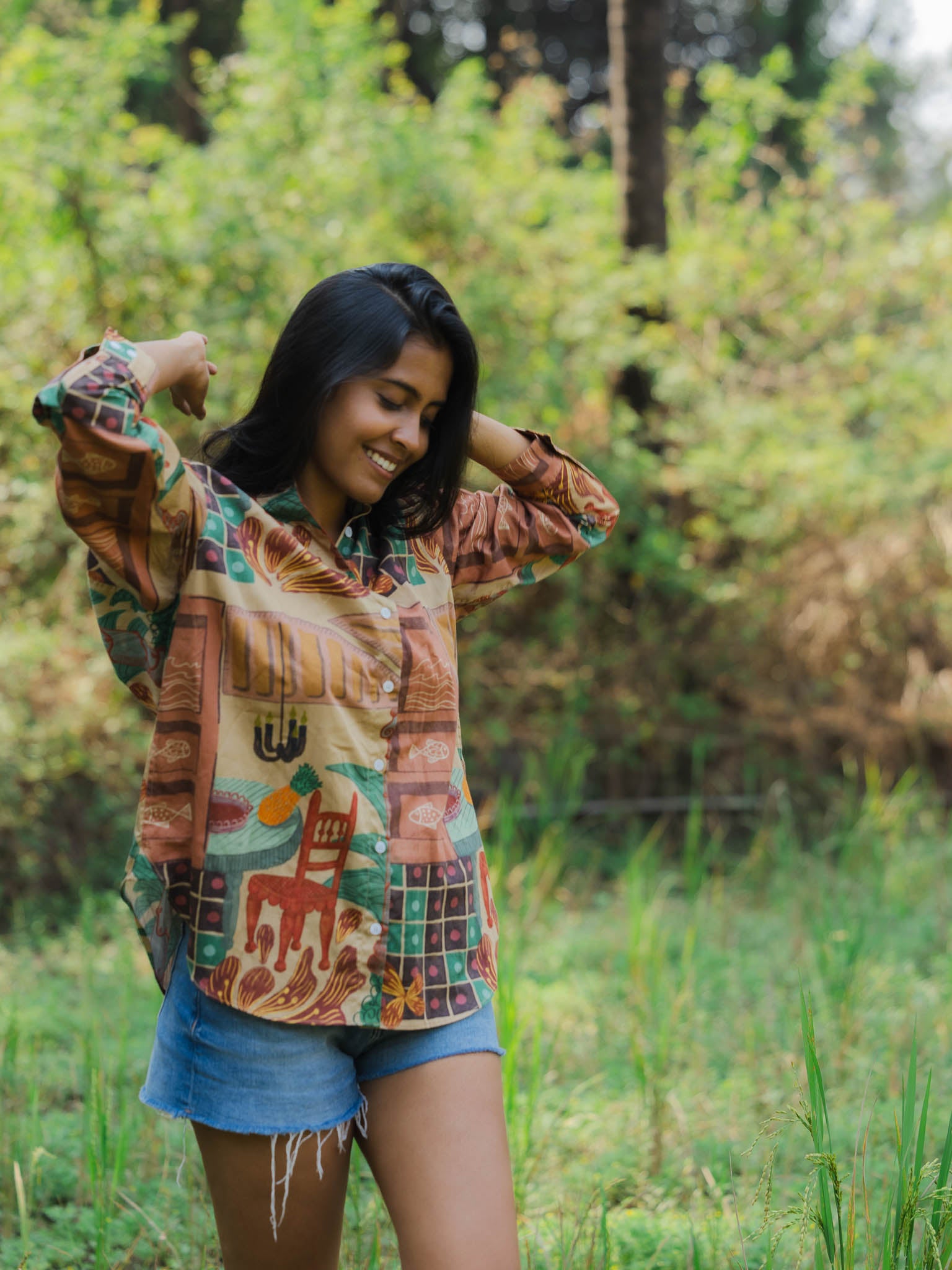 Women's earthy brown red terracotta organic cotton full sleeves oversized shirt