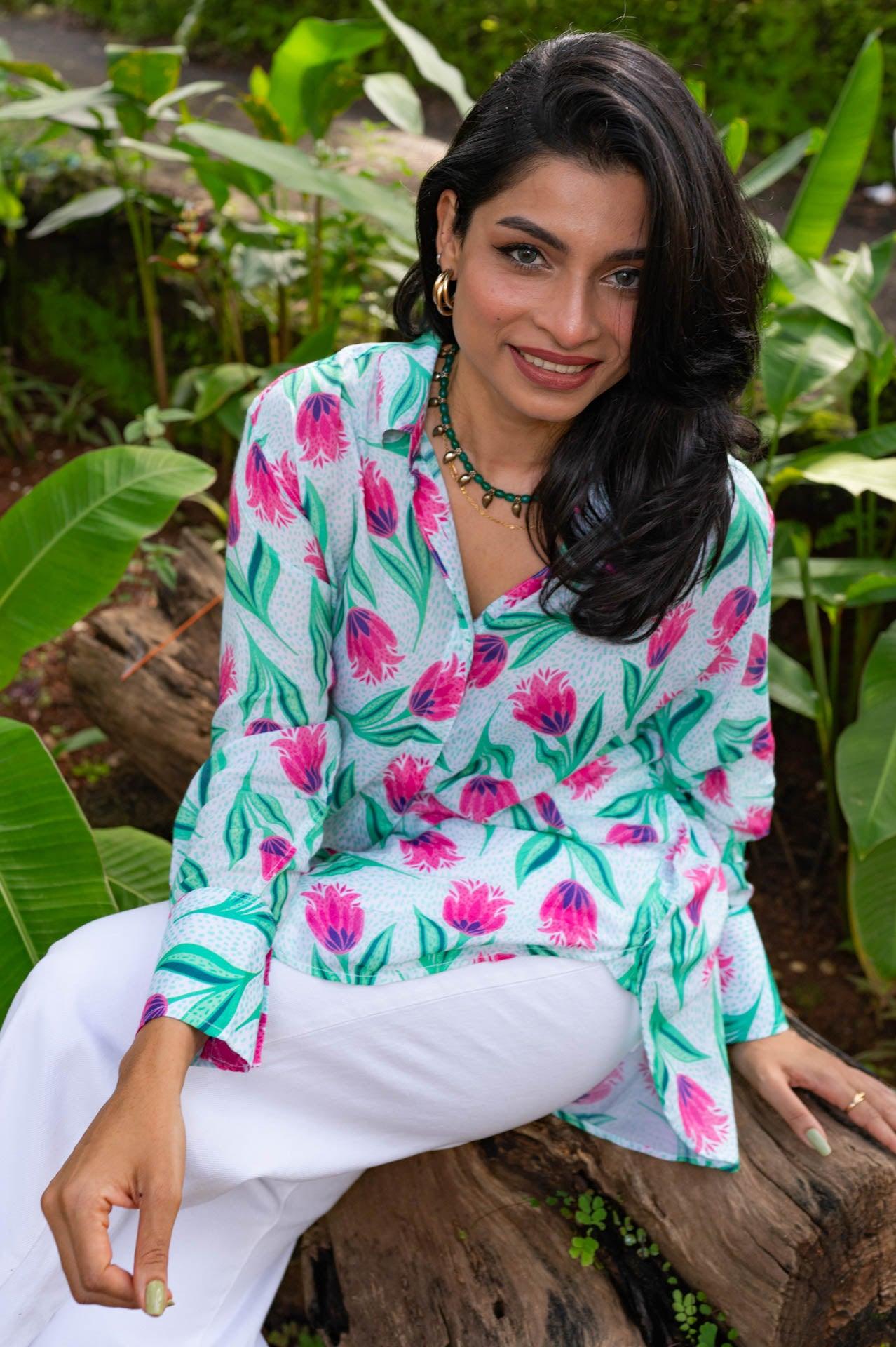 Pink and Green on white Floral print women's shirt - made from soft and flowy viscose!