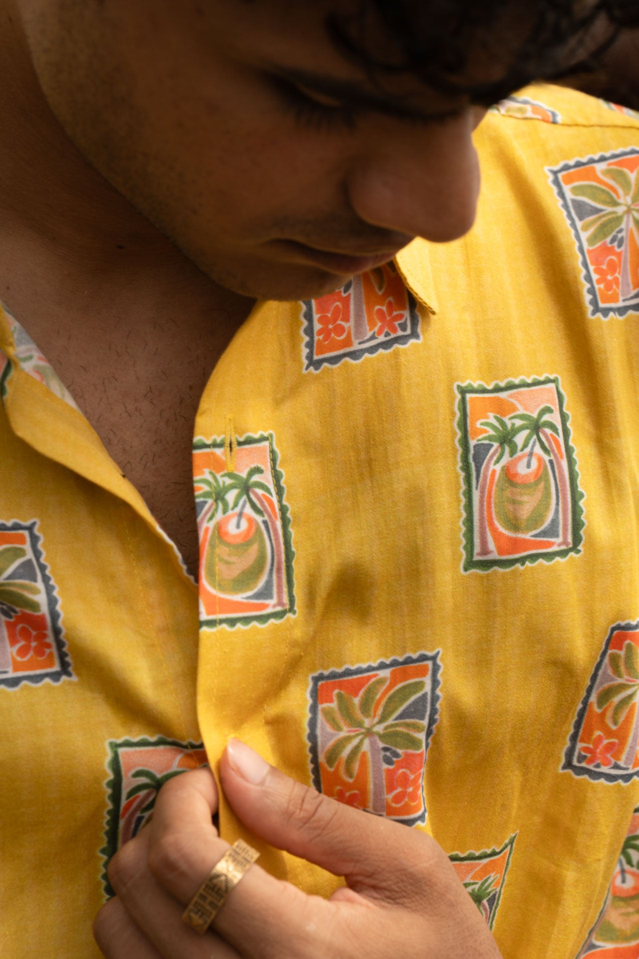 Beach stamp postcard graphic shirt in yellow for men