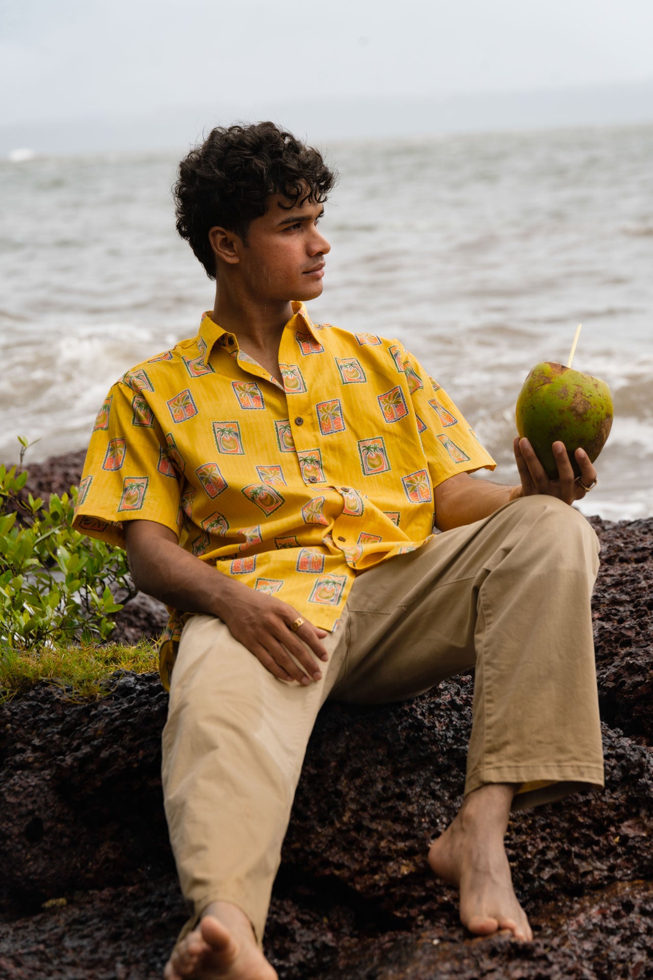 Men’s summer shirt yellow beach stamp artwork print