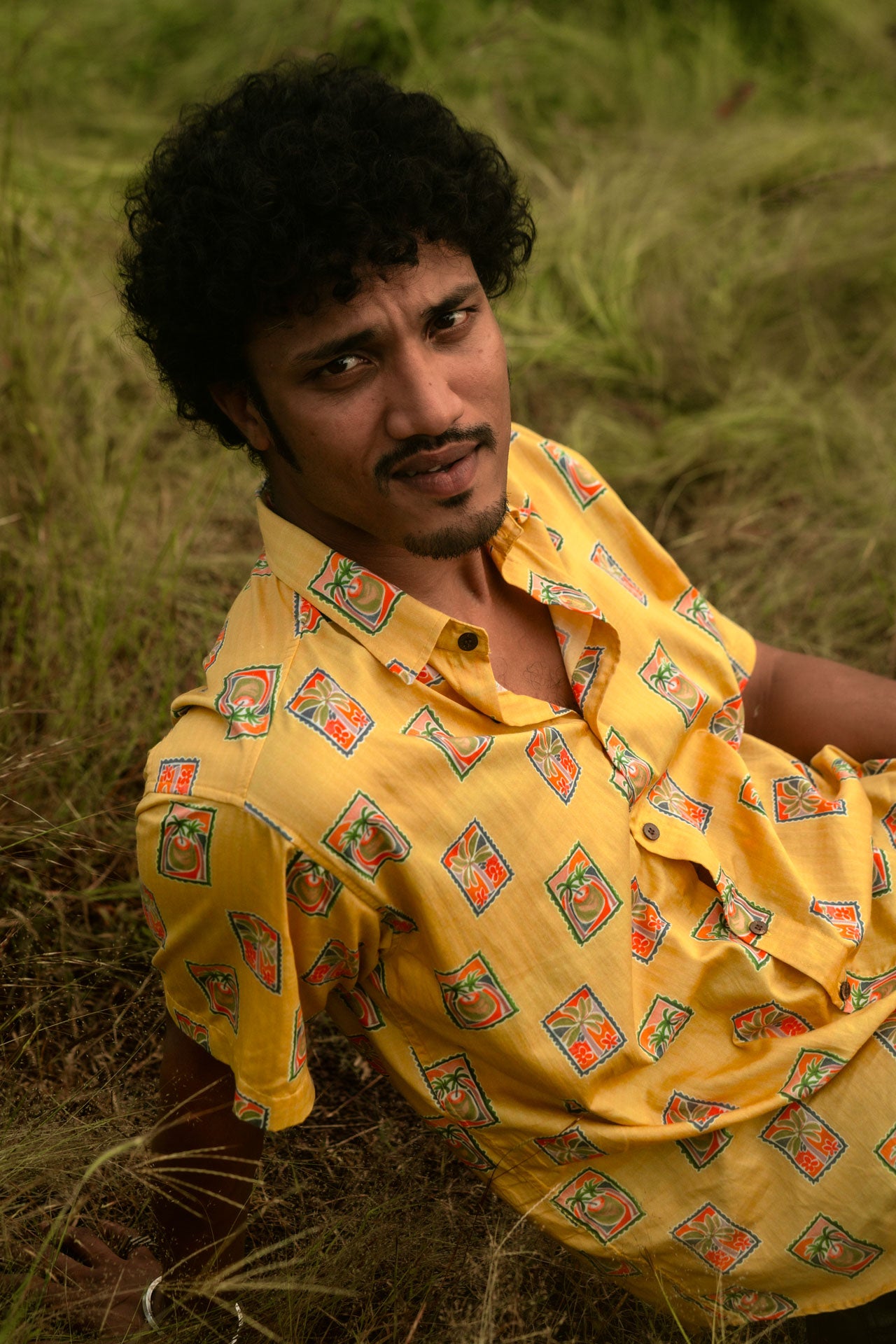 Yellow beach-postcard stamp print shirt for men