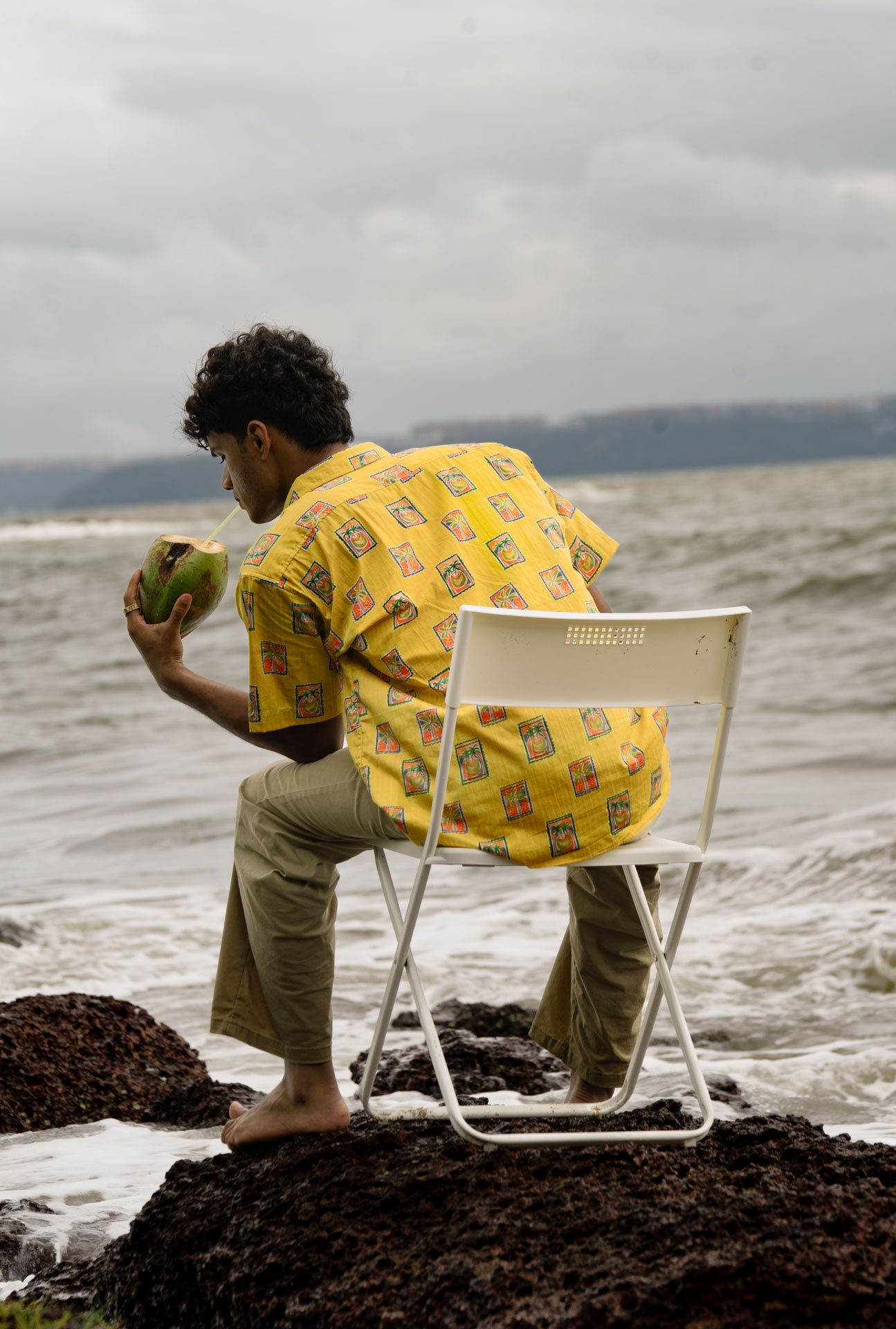 Yellow coastal stamp-print shirt  - half sleeves 100% cotton