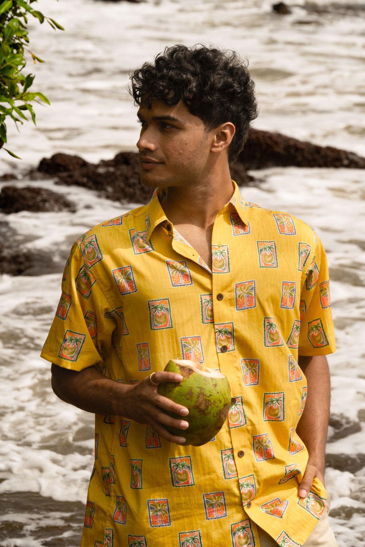Yellow “Letters from a Beach” resort shirt