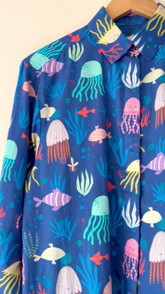Fun blue sea creatures print oversized shirt for women