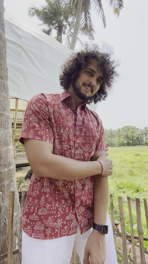 Brick red Warli Art Cotton Shirt 