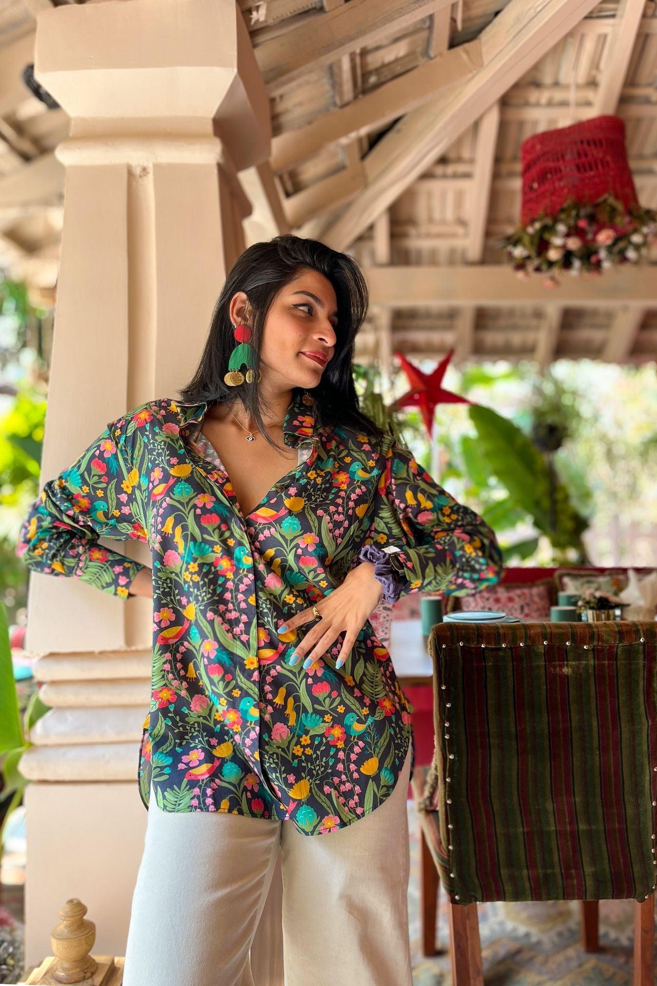 Black printed oversized shirt for women
