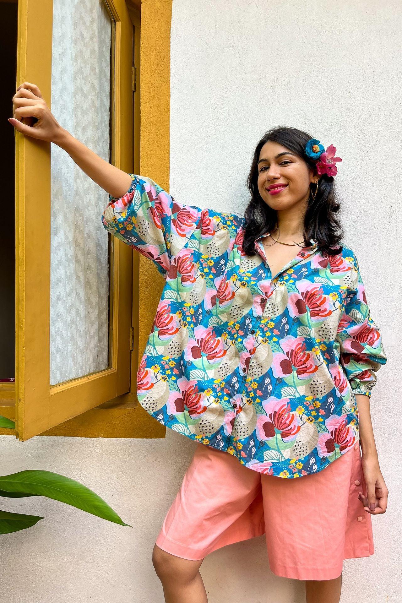 Blue and pink printed cotton shirt for women (Freesize; 100% Cotton - Poplin)