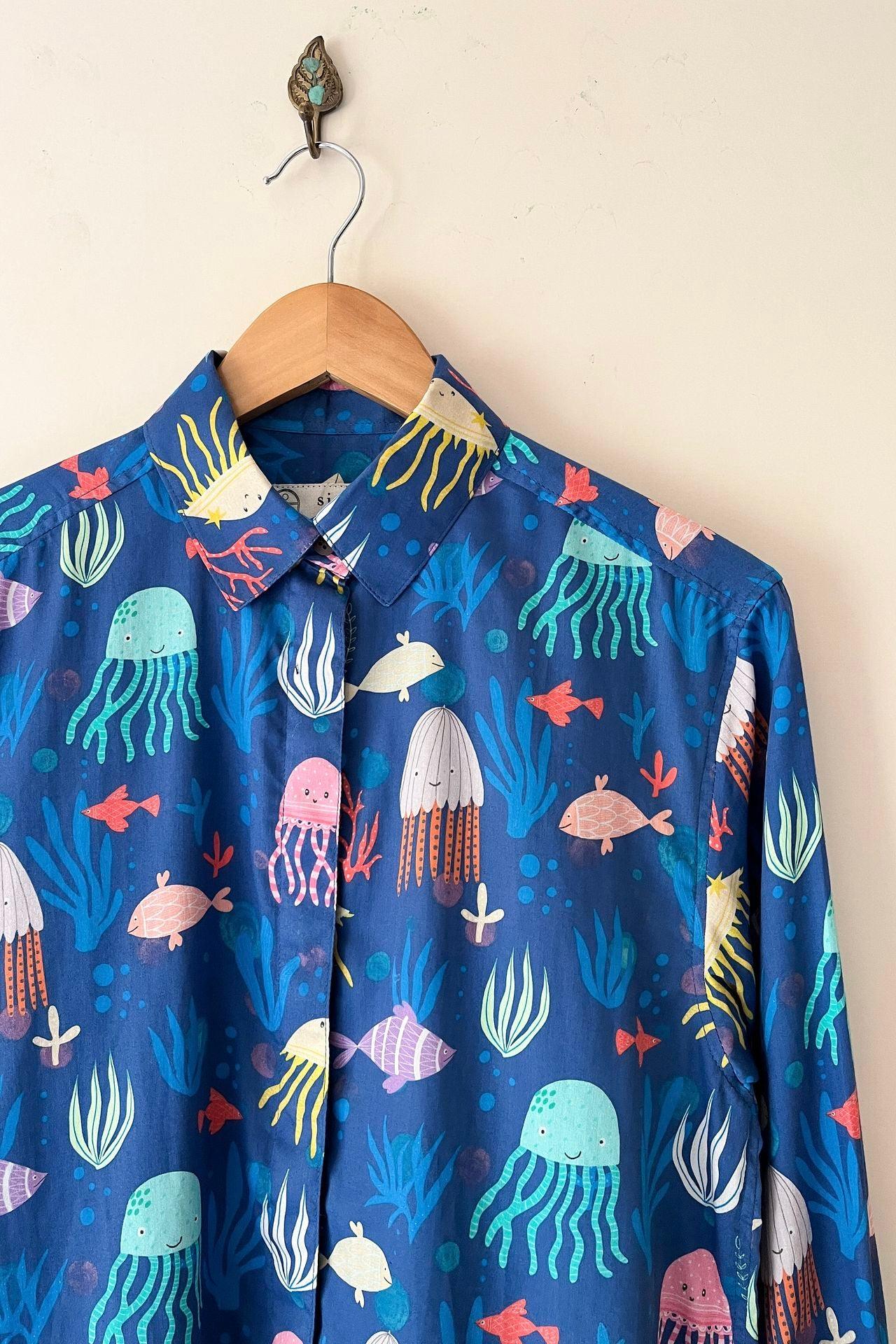 Quirky blue fish print shirt for women