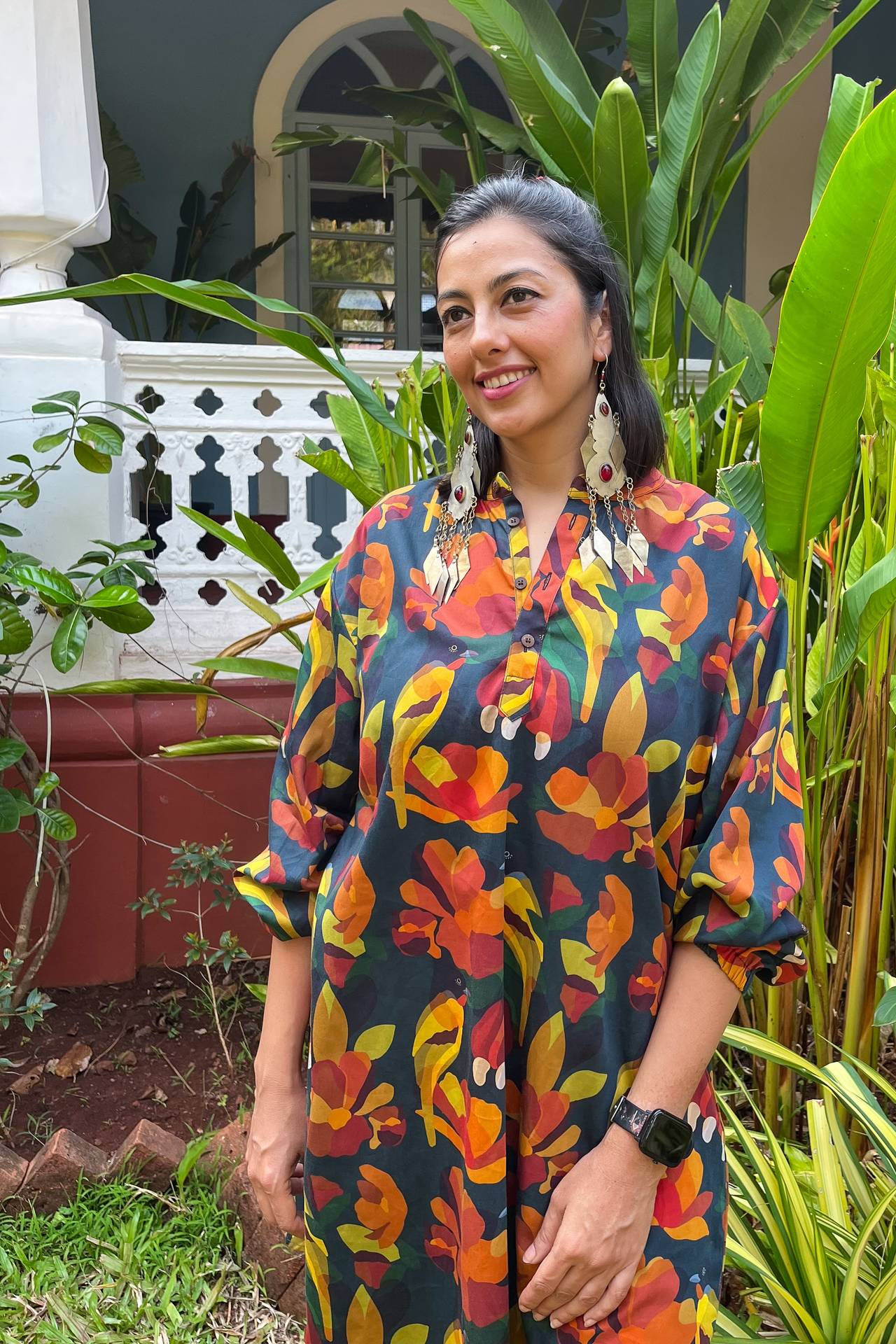 Cashew apple,  birds and Abolim flower Print Organic Cotton Dress at Siesta o'Clock Goa