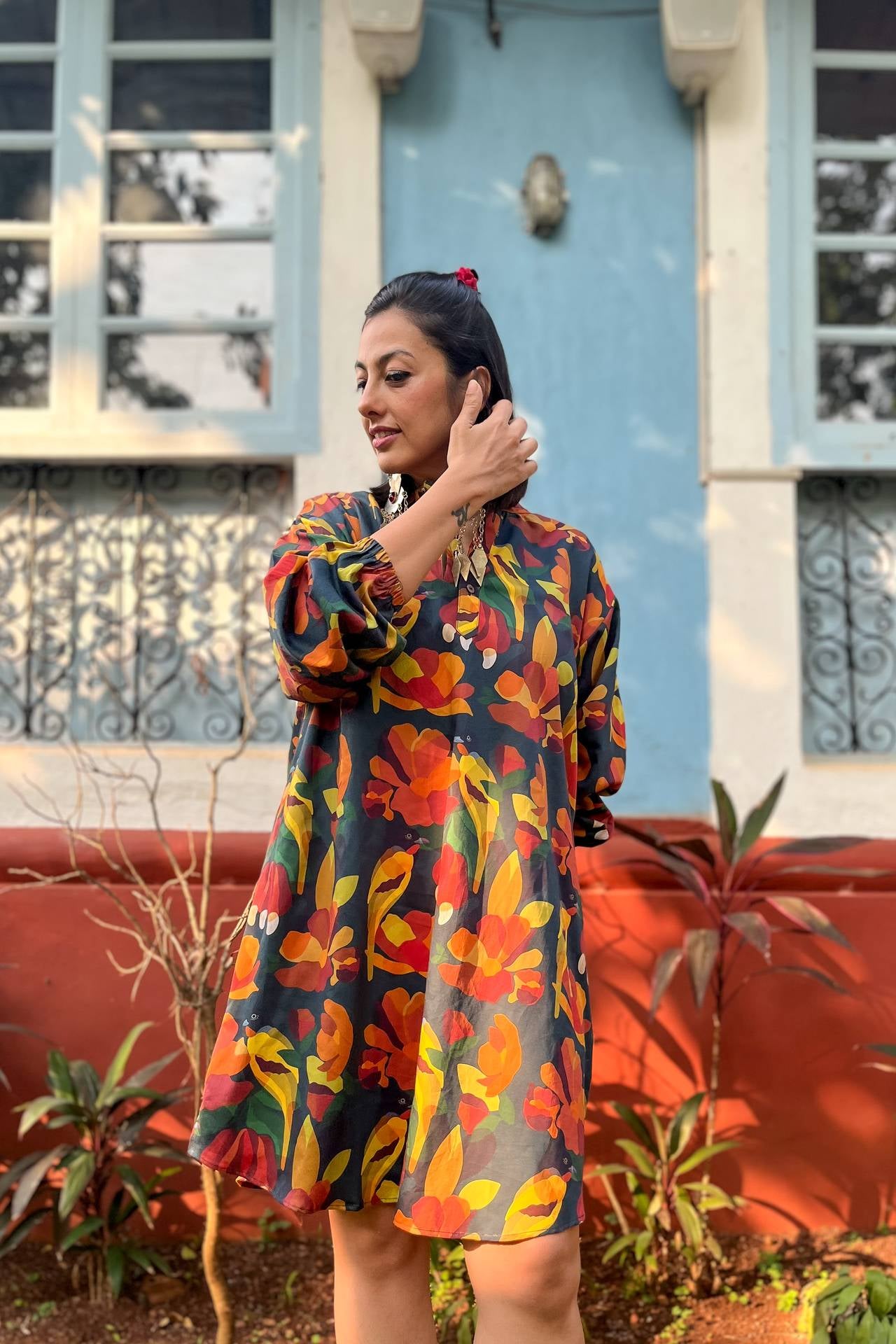 Charcoal print organic cotton dress perfect for sundowners and brunches on your Goa vacay