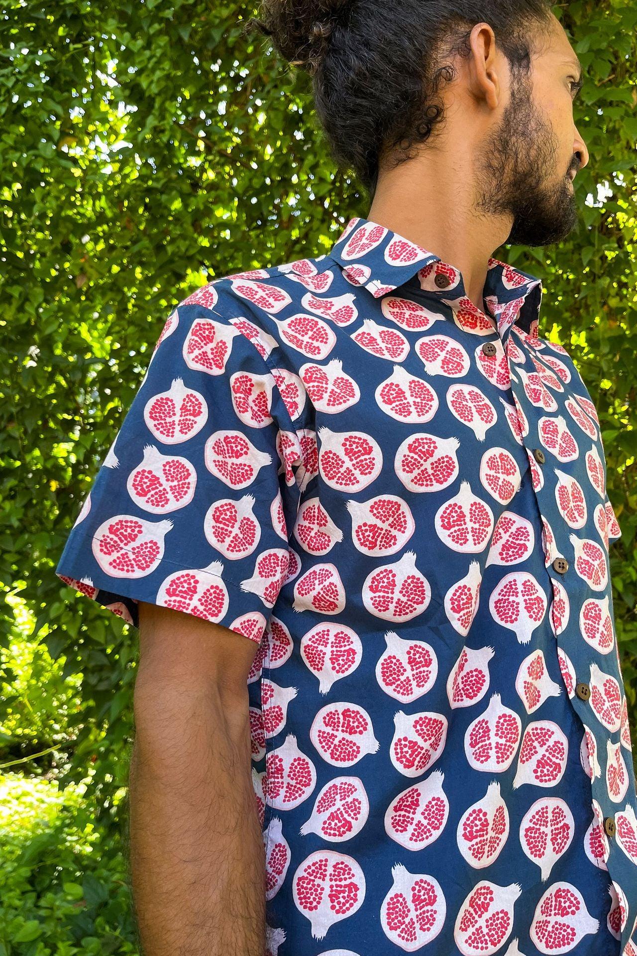 Dark blue and red pomegranate print men's shirt online at Siesta o'Clock India