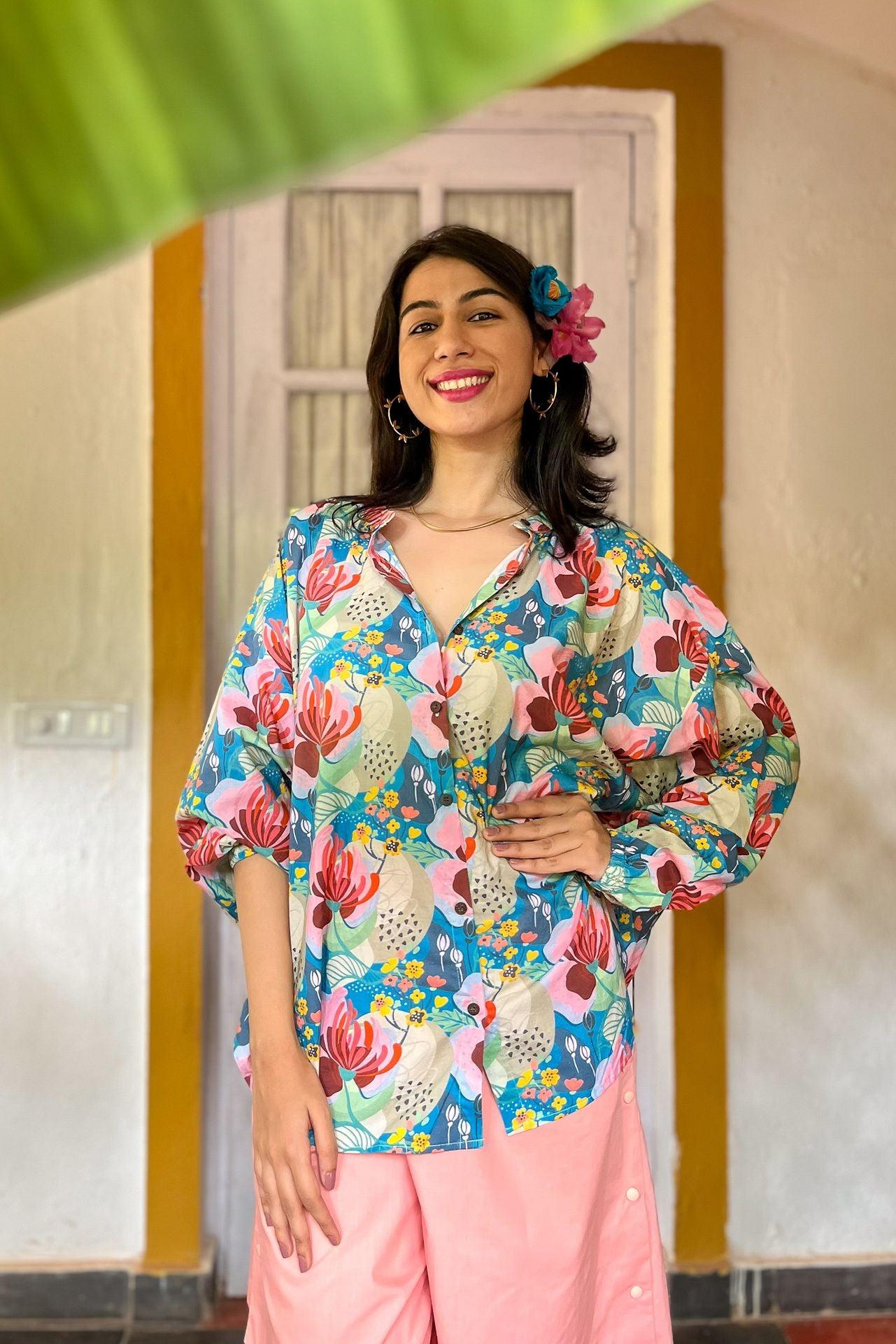 Floral printed free size shirt for women online at Siesta o'Clock