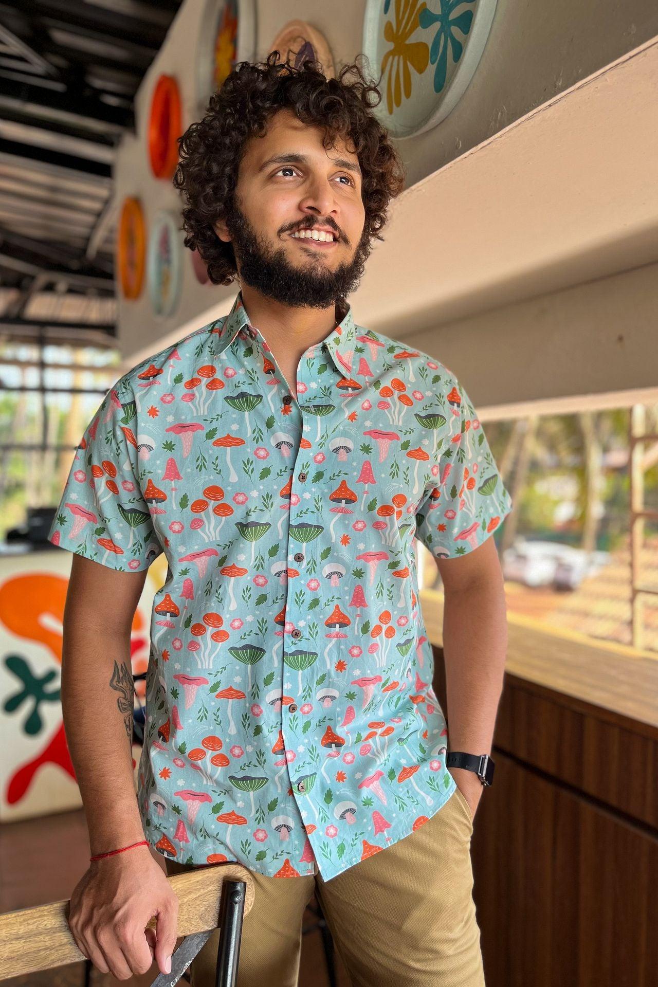 Mushroom forest print resort wear shirt  for men in Goa
