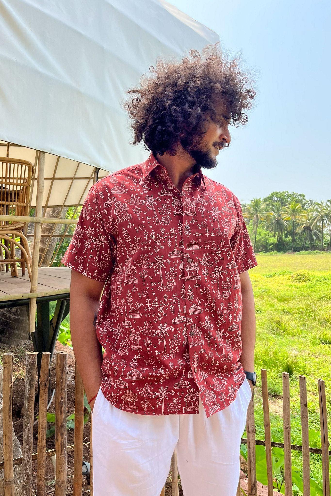 Men's block printed Warli Art shirt by Siesta o'Clock