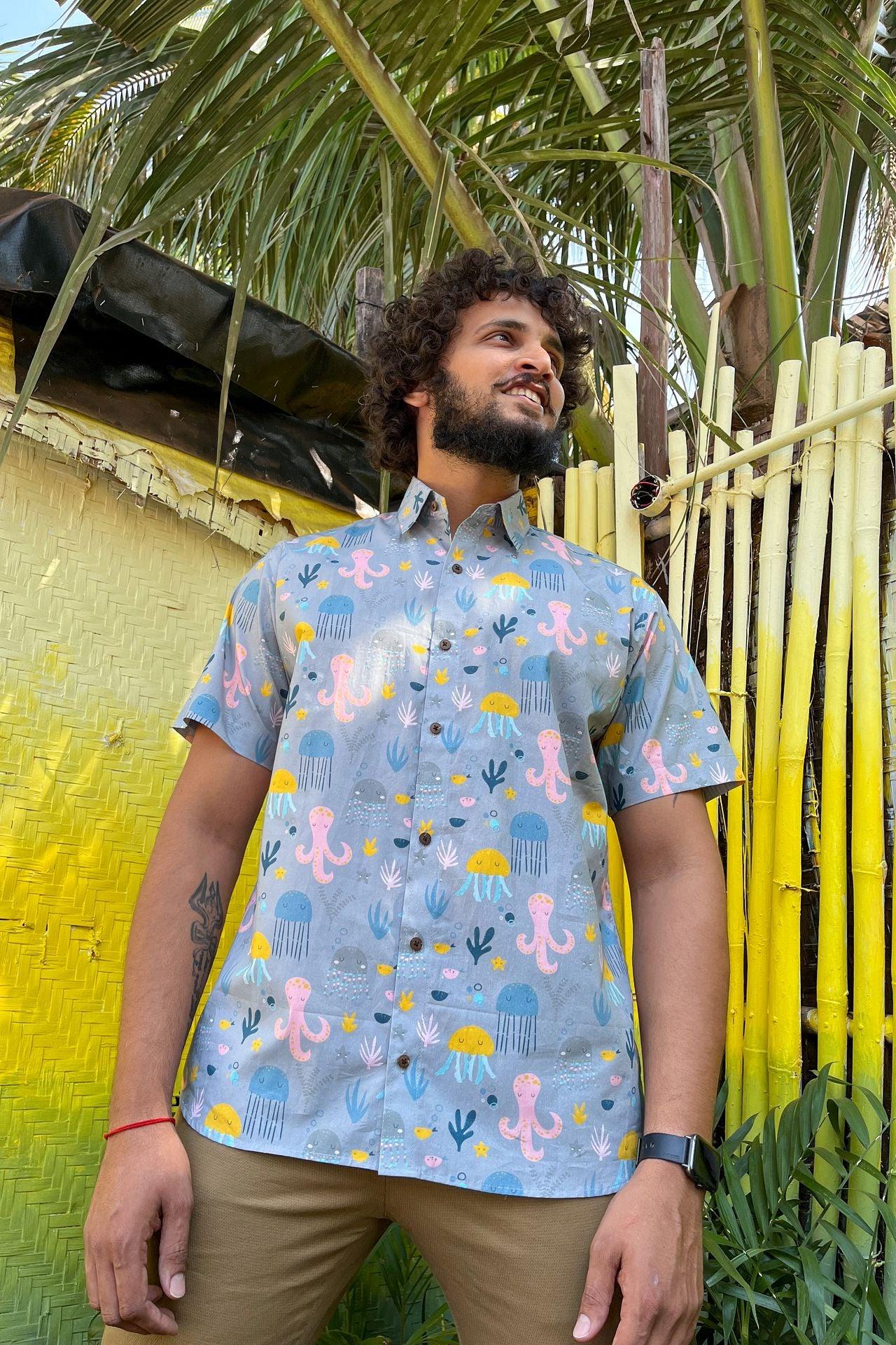 Grey Octopus and Jelly Fish print casual shirt for men